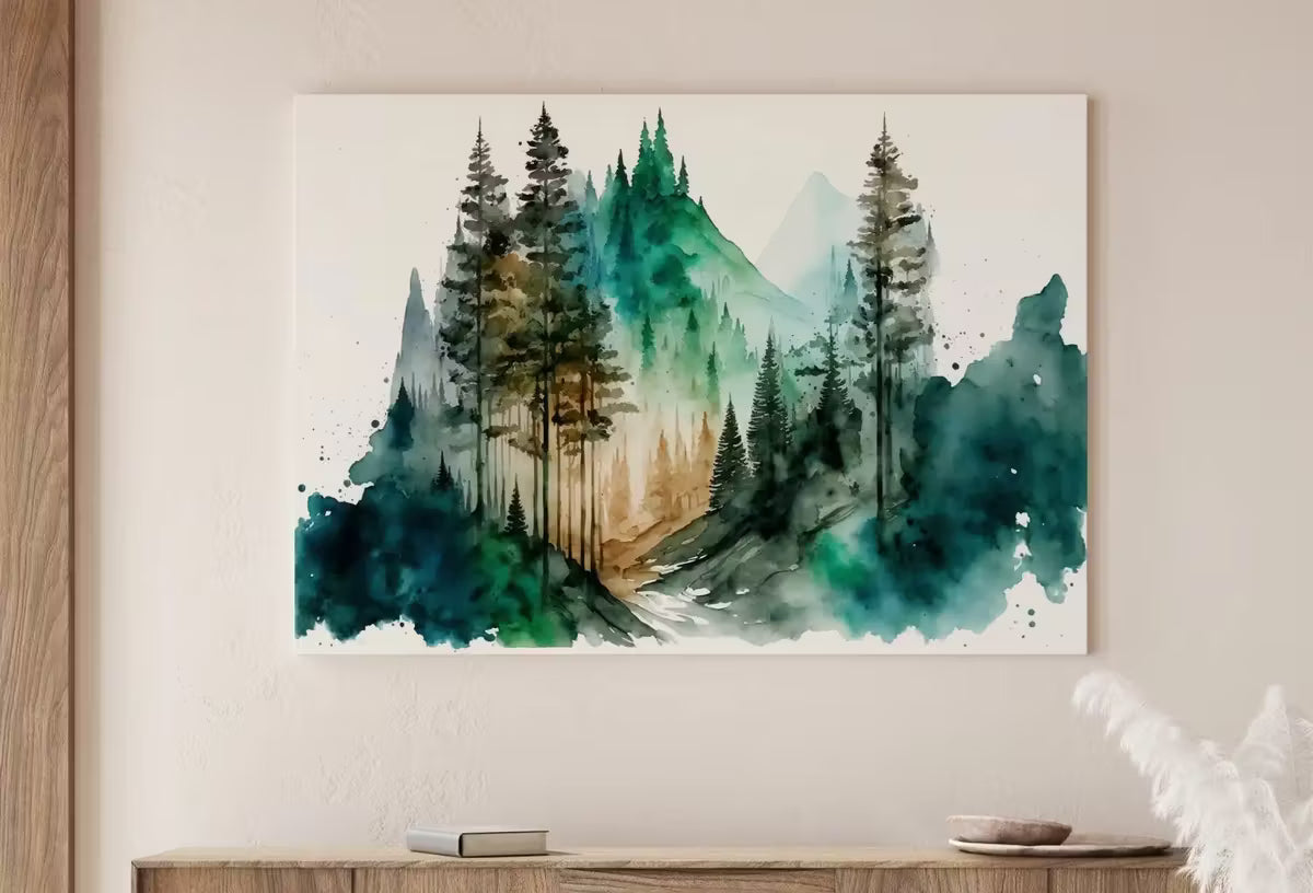 Green Mountain Forest Trees Painting Print. Watercolor Forest Landscape Printable. Printable Wall Art. Digital Art. Nature Decor. Forest Art – Printable Wall Art