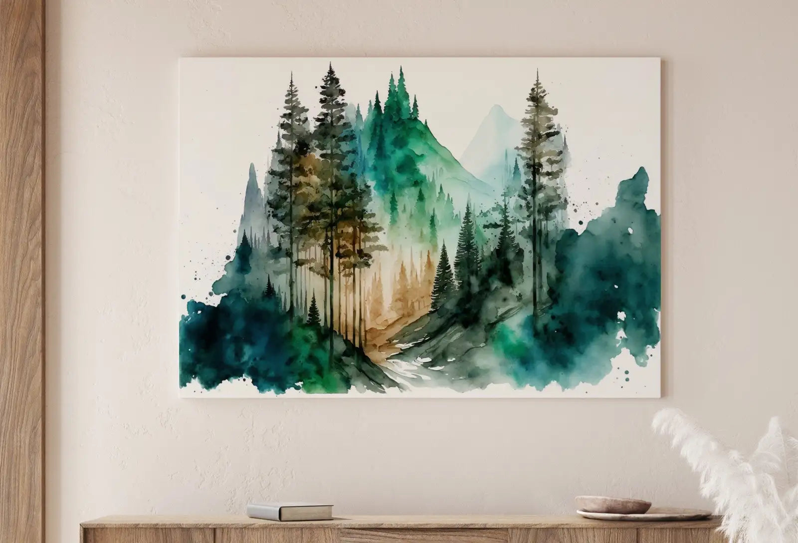 Second included artwork preview from Green Mountain Forest Trees Painting Print. Watercolor Forest Landscape Printable. Printable Wall Art. Digital Art. Nature Decor. Forest Art featuring various scenes.