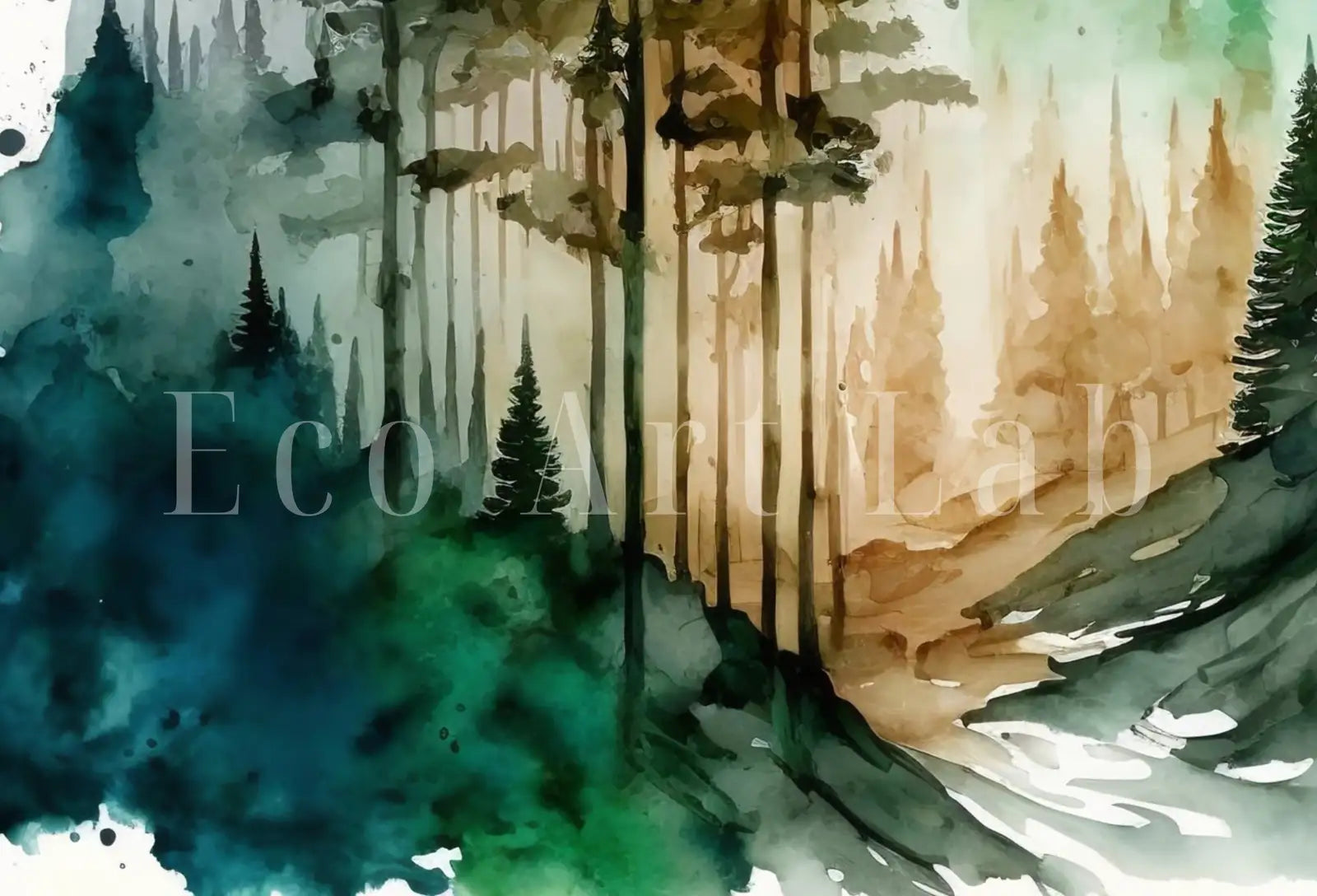 Detail view of artwork from Green Mountain Forest Trees Painting Print. Watercolor Forest Landscape Printable. Printable Wall Art. Digital Art. Nature Decor. Forest Art. (variation 1)