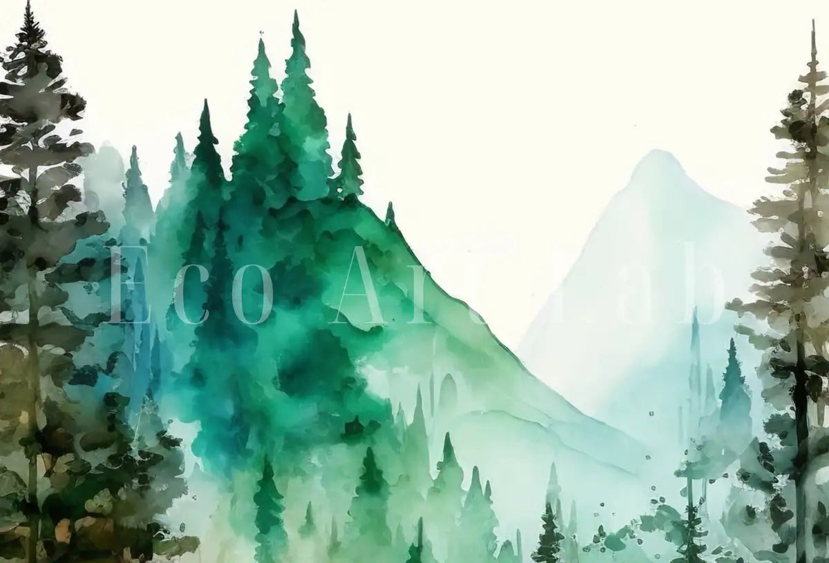 Detail view of artwork from Green Mountain Forest Trees Painting Print. Watercolor Forest Landscape Printable. Printable Wall Art. Digital Art. Nature Decor. Forest Art. (variation 2)