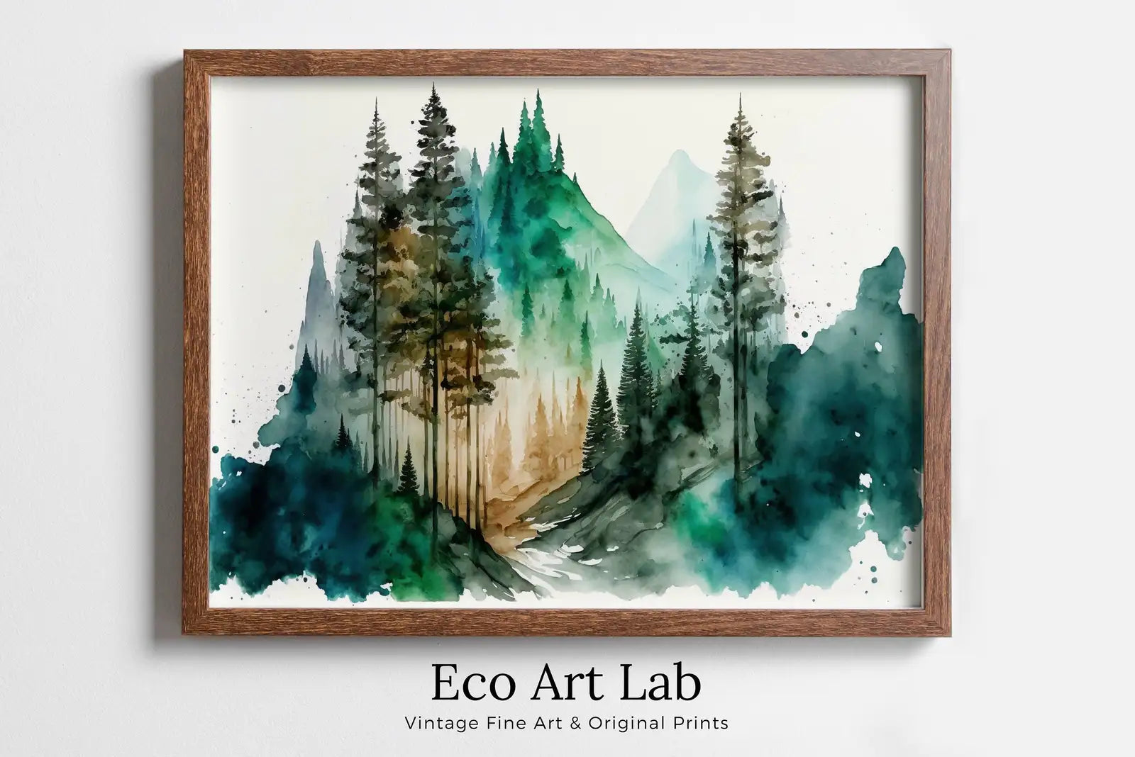 Framed view of Green Mountain Forest Trees Painting Print. Watercolor Forest Landscape Printable. Printable Wall Art. Digital Art. Nature Decor. Forest Art – printable wall art digital download.