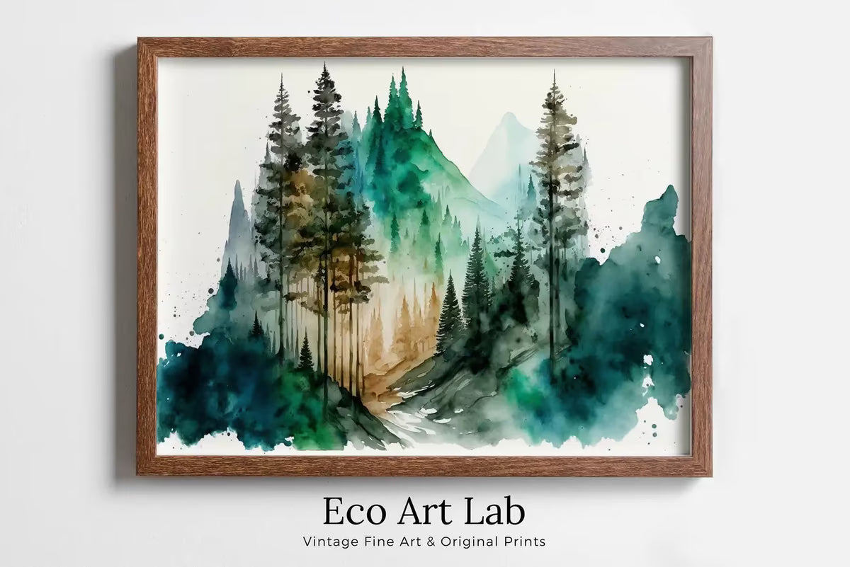 Green Mountain Forest Trees Painting Print. Watercolor Forest Landscape Printable. Printable Wall Art. Digital Art. Nature Decor. Forest Art – Printable Wall Art