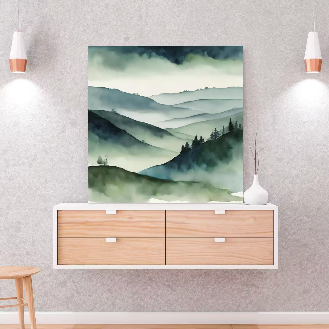 Green Painting Mountains Printable. Watercolor Wall Art for Minimalist Decor. Nature-Inspired  in Square Format – Printable Wall Art
