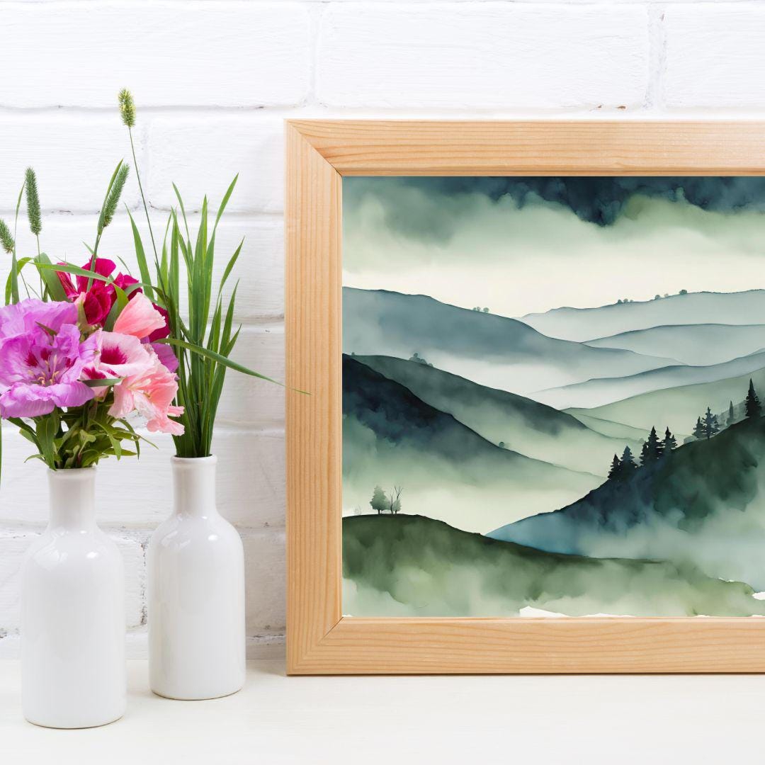 Green Painting Mountains Printable. Watercolor Wall Art for Minimalist Decor. Nature-Inspired Digital Download in Square Format – Printable Wall Art Digital Download – Digital Download