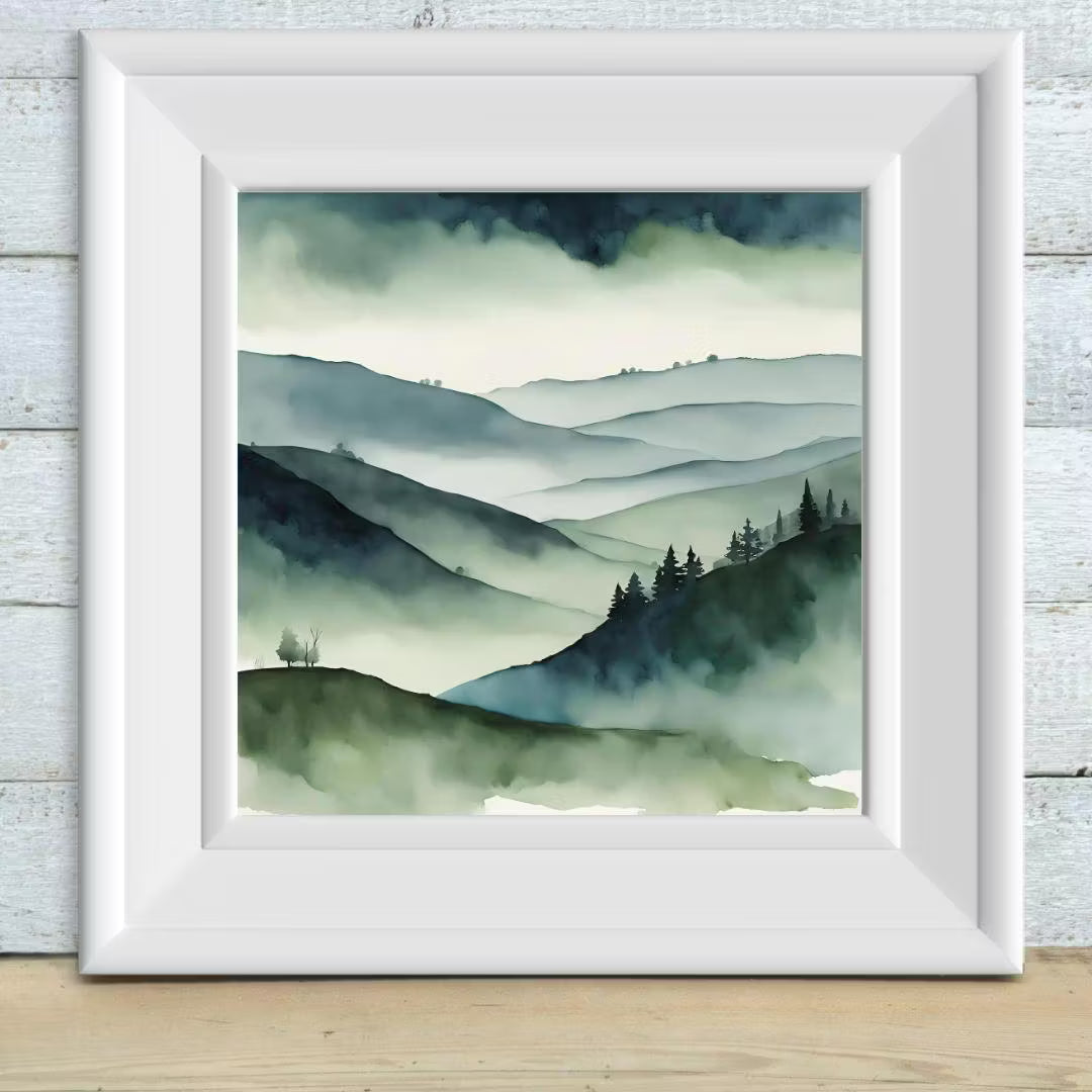Green Painting Mountains Printable. Watercolor Wall Art for Minimalist Decor. Nature-Inspired  in Square Format – Printable Wall Art