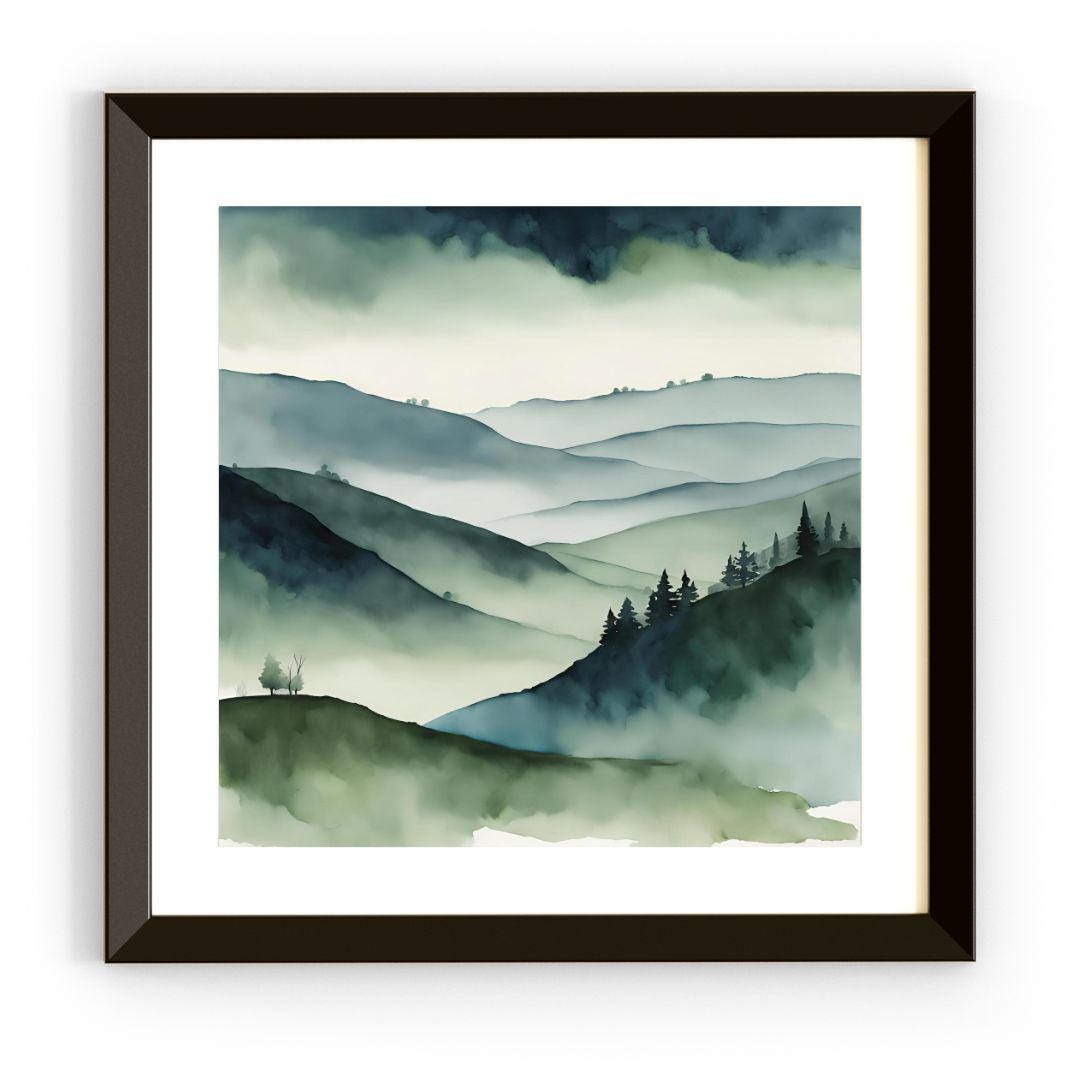 Green Painting Mountains Printable. Watercolor Wall Art for Minimalist Decor. Nature-Inspired Digital Download in Square Format – Printable Wall Art Digital Download – Digital Download