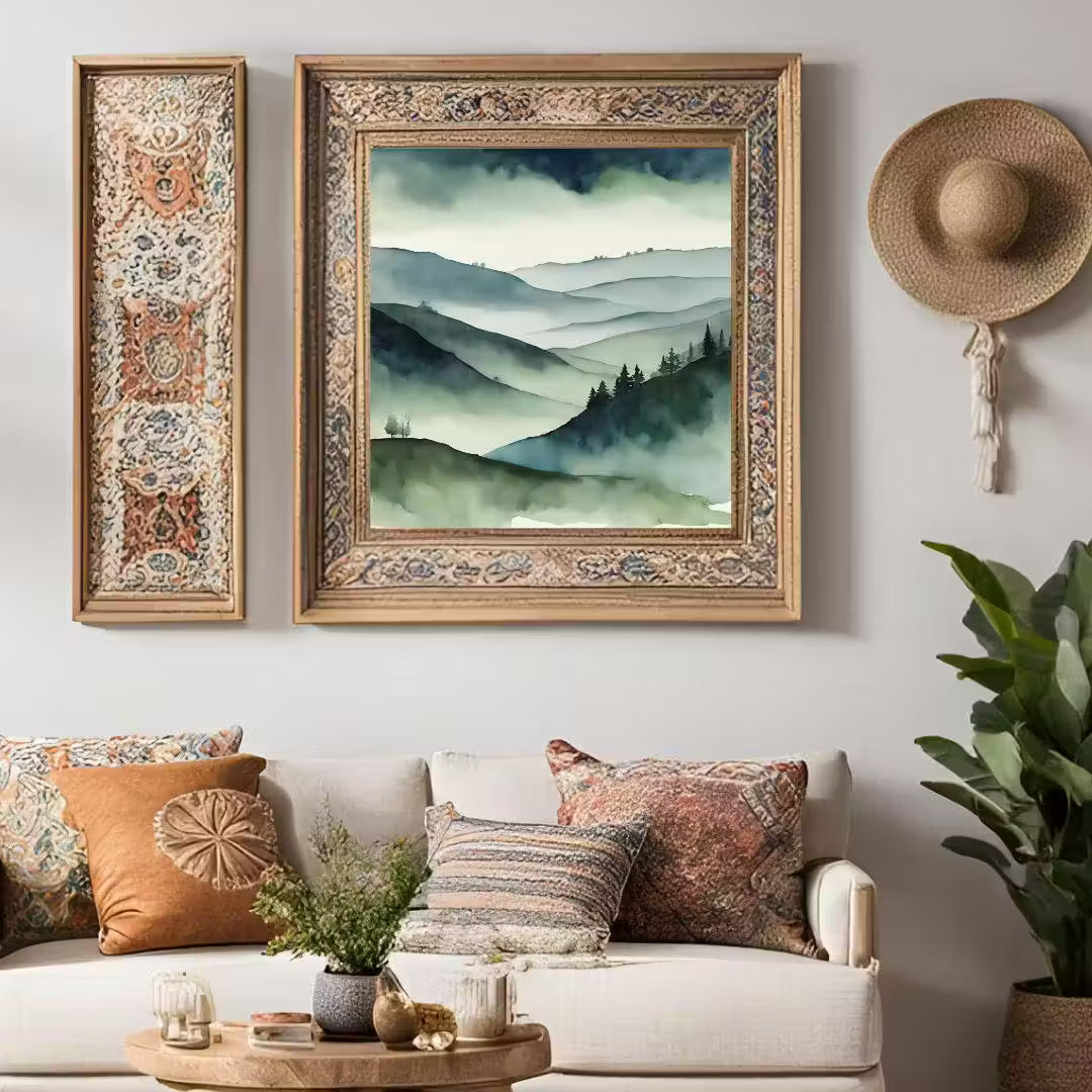 Green Painting Mountains Printable. Watercolor Wall Art for Minimalist Decor. Nature-Inspired  in Square Format – Printable Wall Art