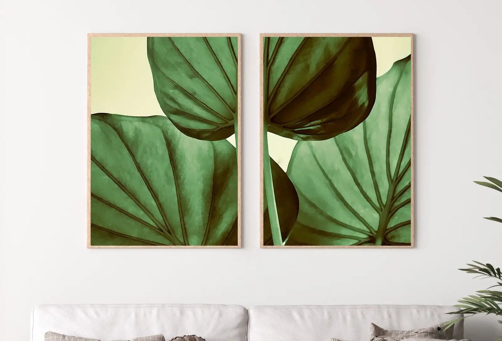 Ensemble de 2 tableaux de feuille tropicale verte. Peinture de feuille. Art mural imprimable téléchargement instantané. Décoration de maison tropicale. Ensemble de 2 pièces d’art mural.
