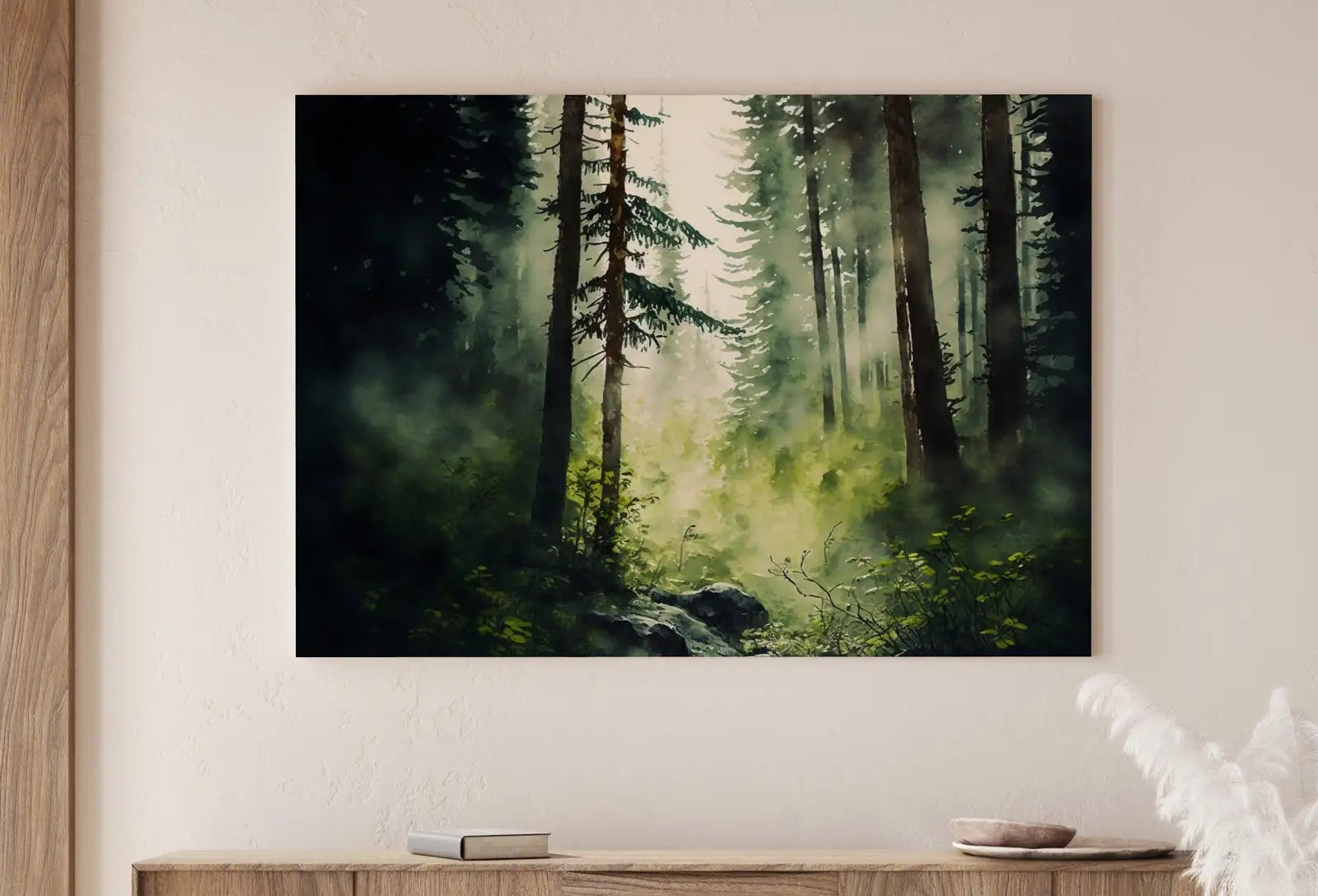 Detail view of artwork from Green Watercolor Dense Forest Landscape Printable. Printable Wall Art. Digital Art. Forest Trees Painting Print. Nature Decor. Forest Art. (variation 1)