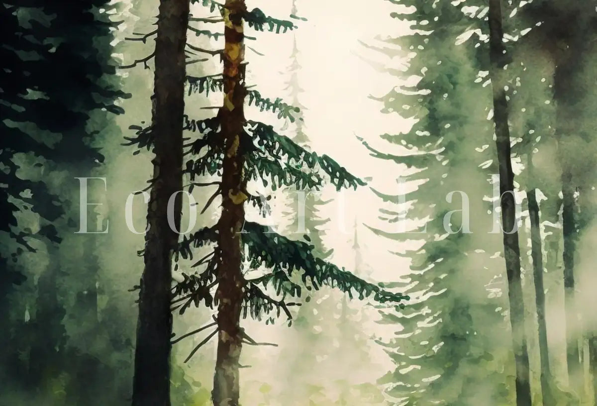Detail view of artwork from Green Watercolor Dense Forest Landscape Printable. Printable Wall Art. Digital Art. Forest Trees Painting Print. Nature Decor. Forest Art. (variation 2)