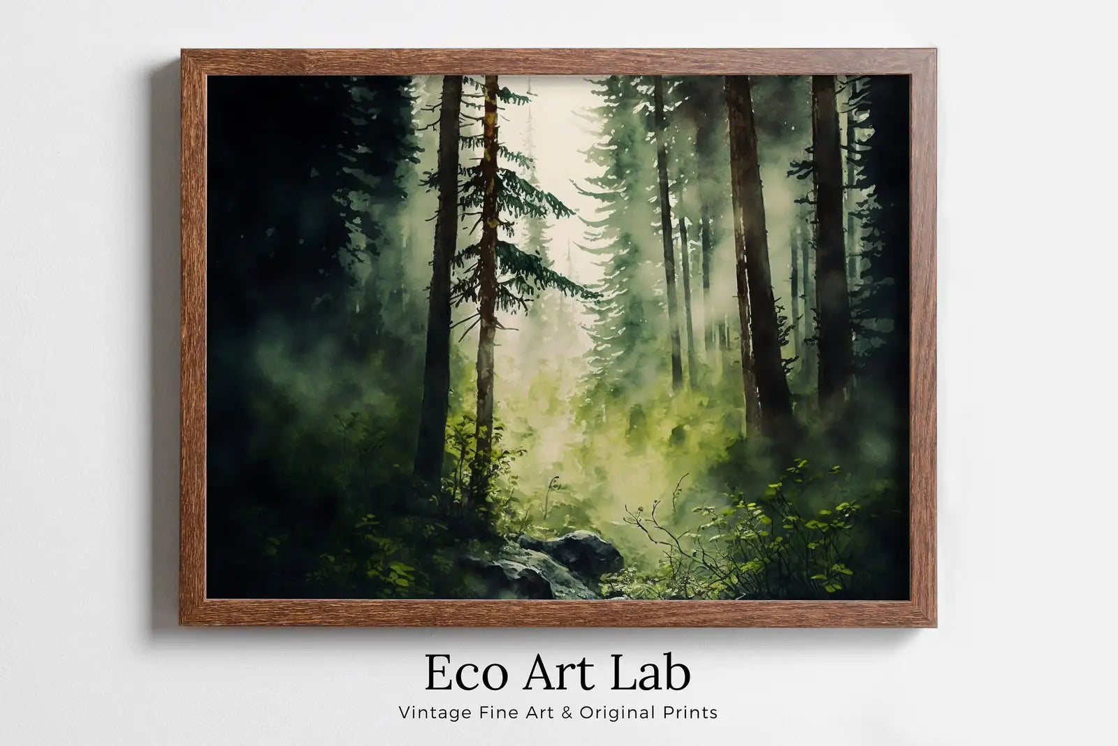 Framed view of Green Watercolor Dense Forest Landscape Printable. Printable Wall Art. Digital Art. Forest Trees Painting Print. Nature Decor. Forest Art – printable wall art digital download.