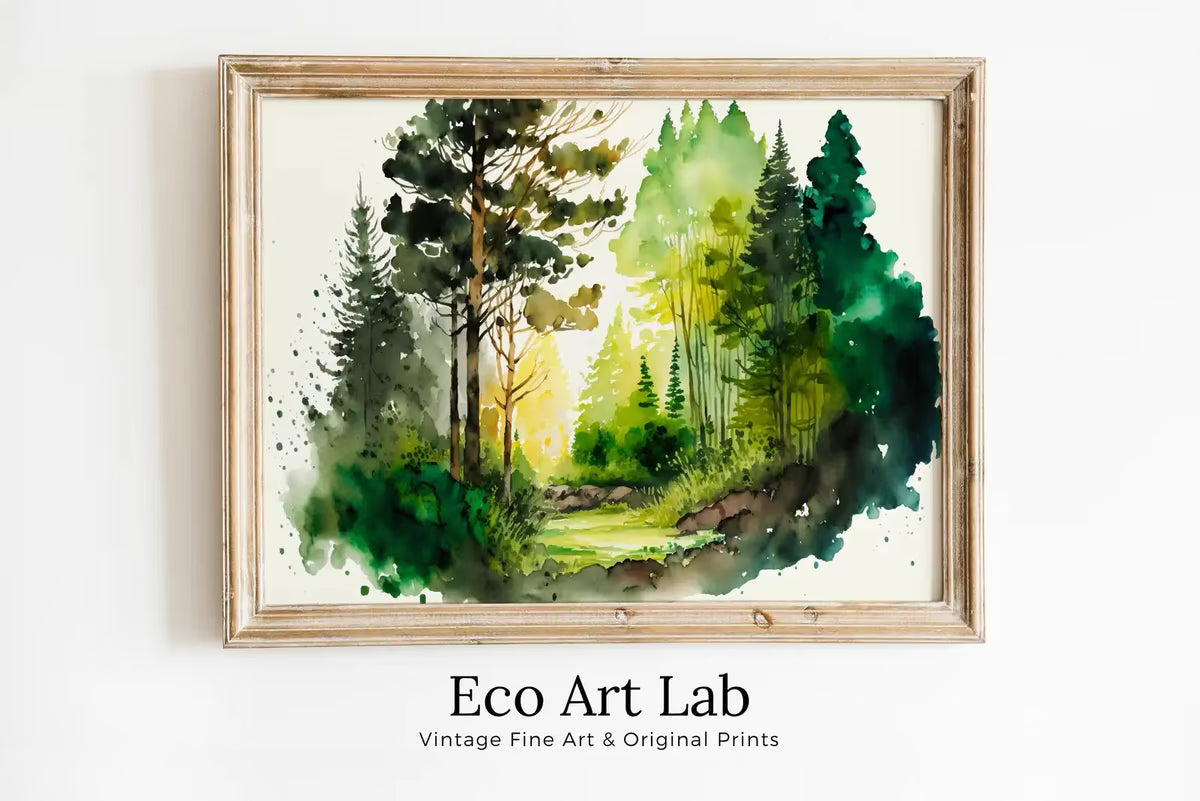 Green Watercolor Forest Landscape Printable. Forest Trees Painting Print. Printable Wall Art. Digital Art. Nature Decor. Mountain Forest Art – Printable Wall Art