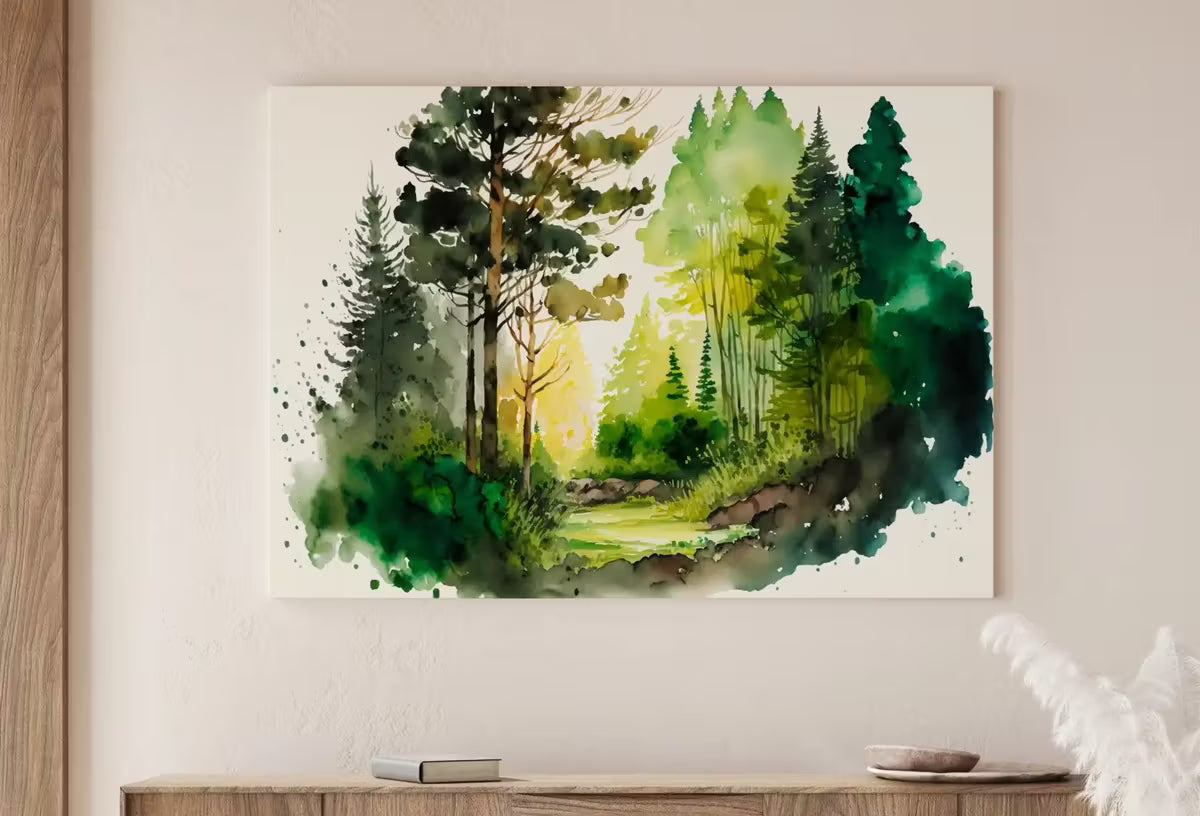 Green Watercolor Forest Landscape Printable. Forest Trees Painting Print. Printable Wall Art. Digital Art. Nature Decor. Mountain Forest Art – Printable Wall Art