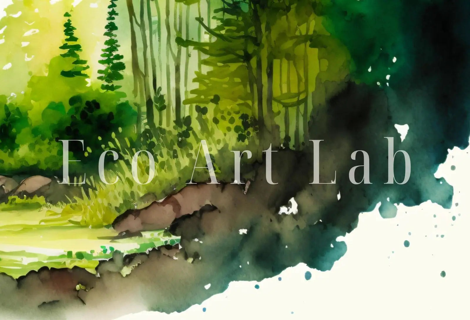 Detail view of artwork from Green Watercolor Forest Landscape Printable. Forest Trees Painting Print. Printable Wall Art. Digital Art. Nature Decor. Mountain Forest Art. (variation 1)