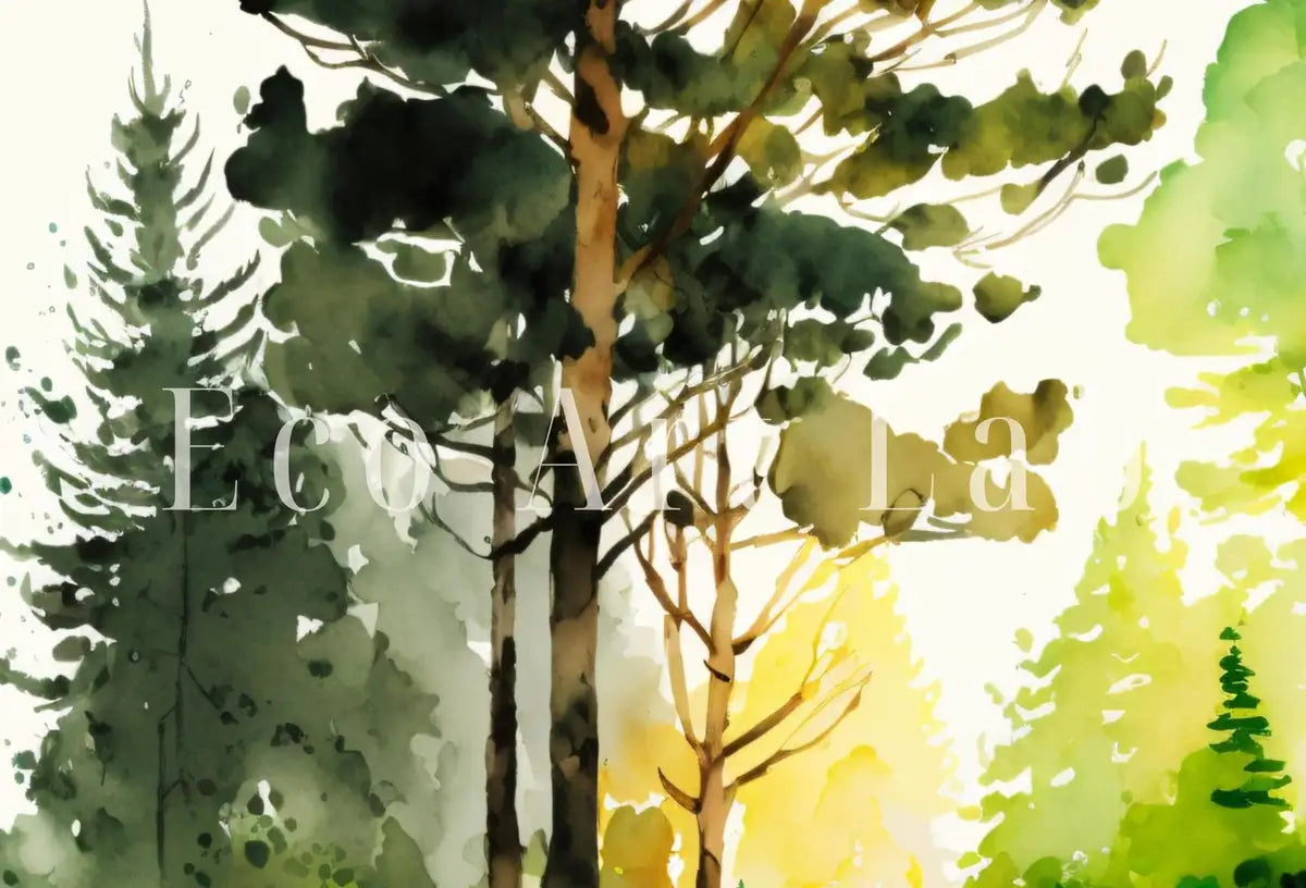 Detail view of artwork from Green Watercolor Forest Landscape Printable. Forest Trees Painting Print. Printable Wall Art. Digital Art. Nature Decor. Mountain Forest Art. (variation 2)