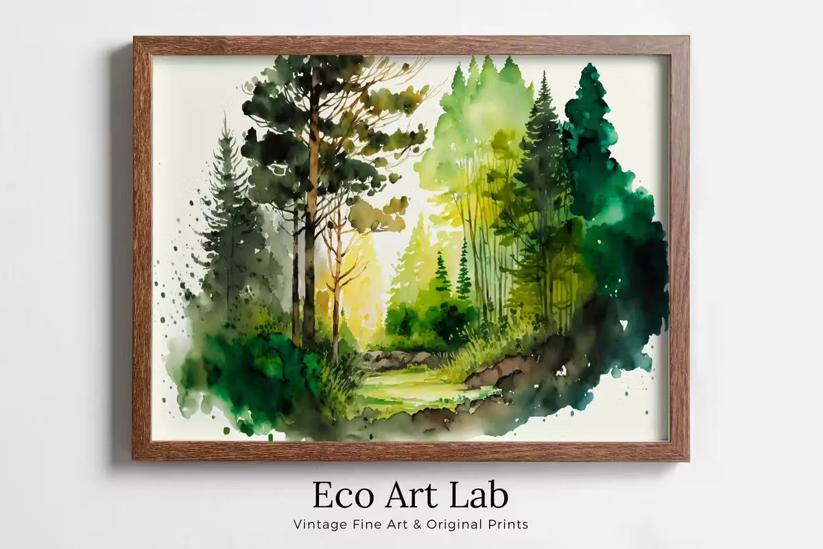 Green Watercolor Forest Landscape Printable. Forest Trees Painting Print. Printable Wall Art. Digital Art. Nature Decor. Mountain Forest Art – Printable Wall Art