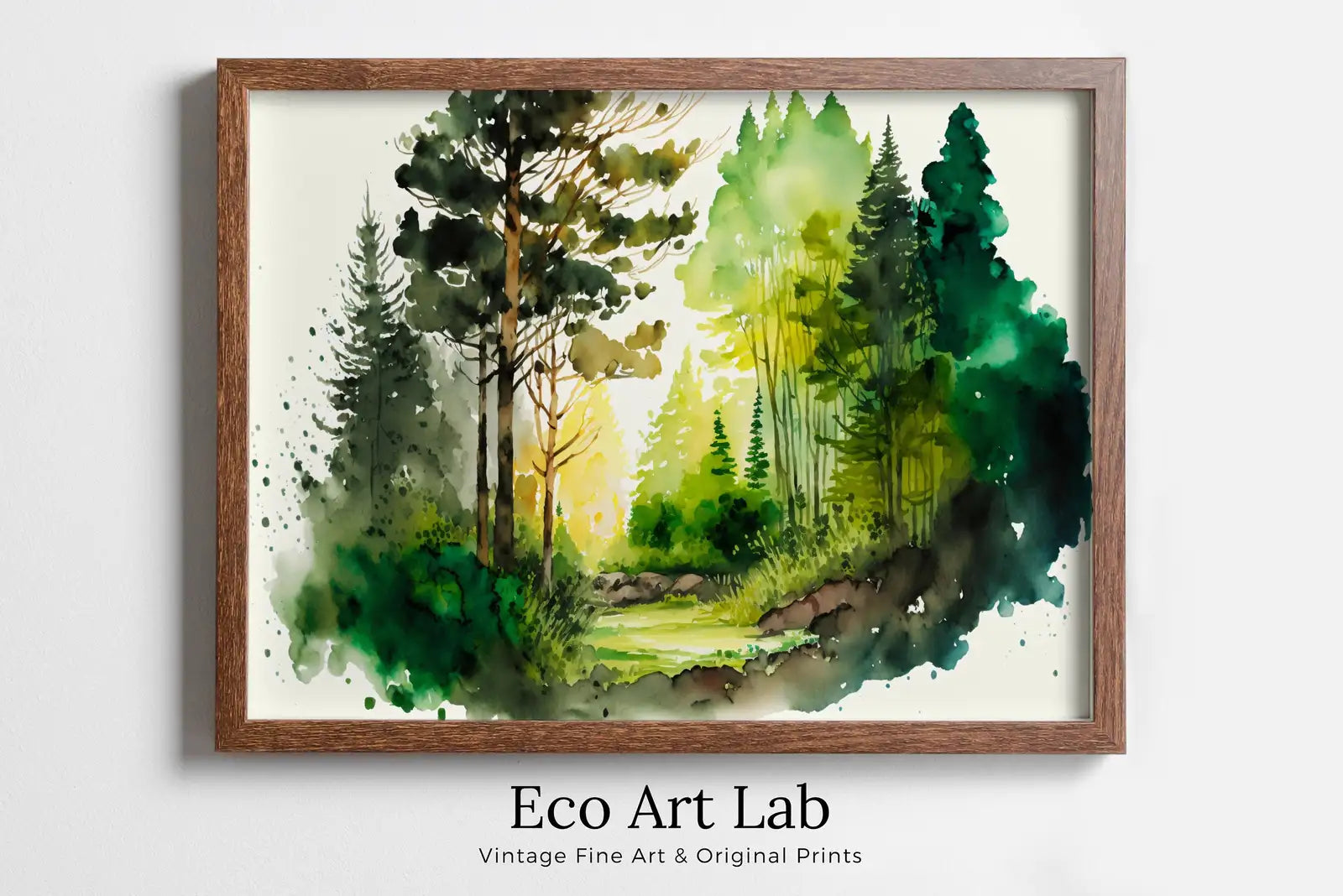 Framed view of Green Watercolor Forest Landscape Printable. Forest Trees Painting Print. Printable Wall Art. Digital Art. Nature Decor. Mountain Forest Art – printable wall art digital download.