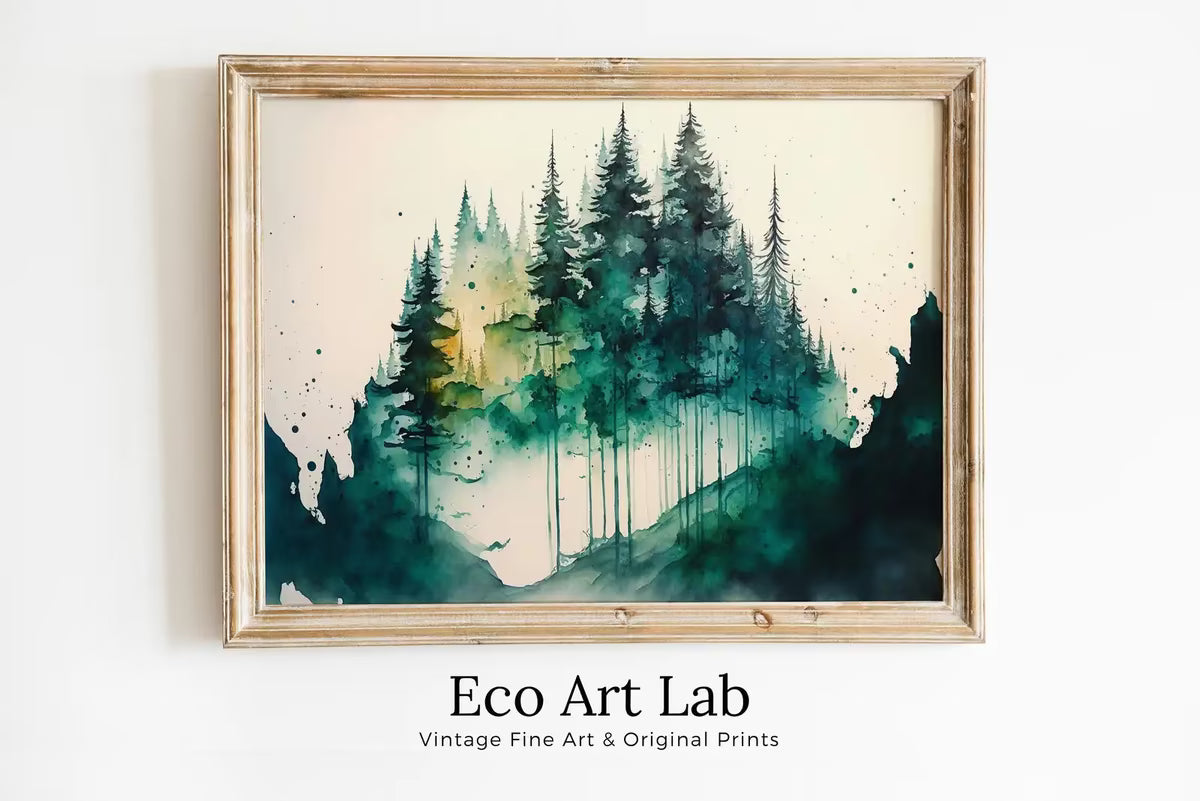 Green Watercolor Forest Trees Painting Print. Printable Wall Art. Digital Art. Nature Decor. Forest Landscape Printable. Mountain Forest Art – Printable Wall Art