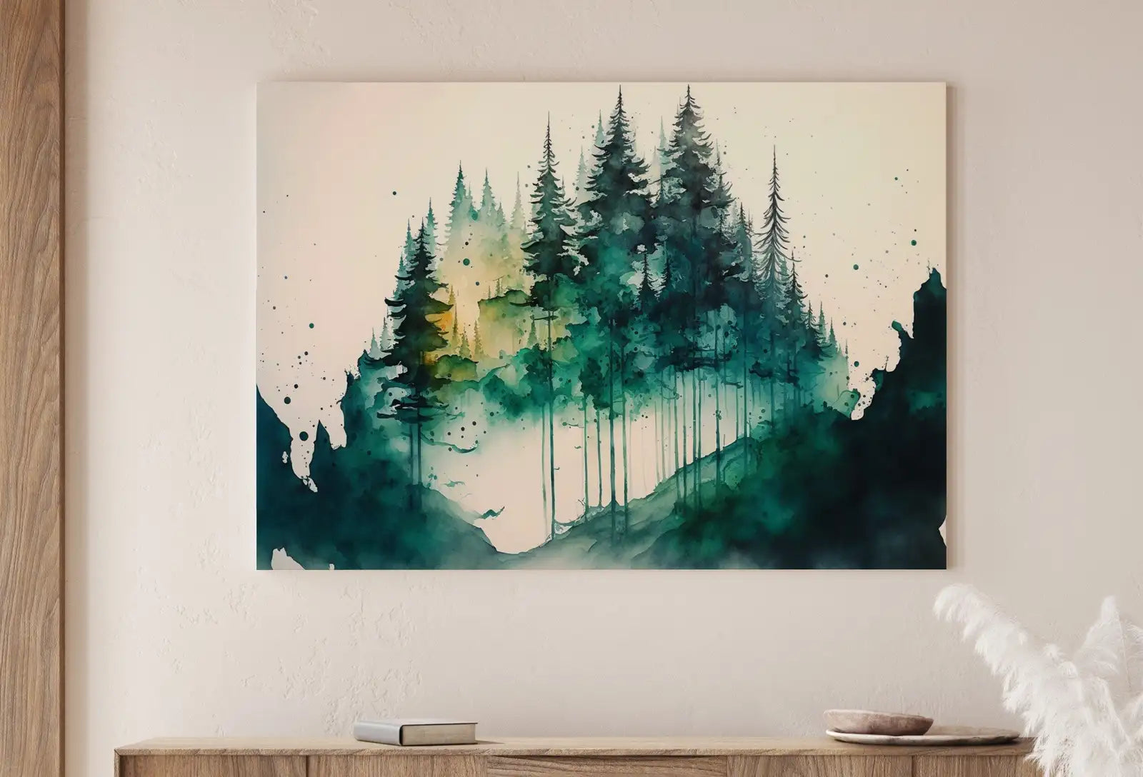 Detail view of artwork from Green Watercolor Forest Trees Painting Print. Printable Wall Art. Digital Art. Nature Decor. Forest Landscape Printable. Mountain Forest Art. (variation 1)