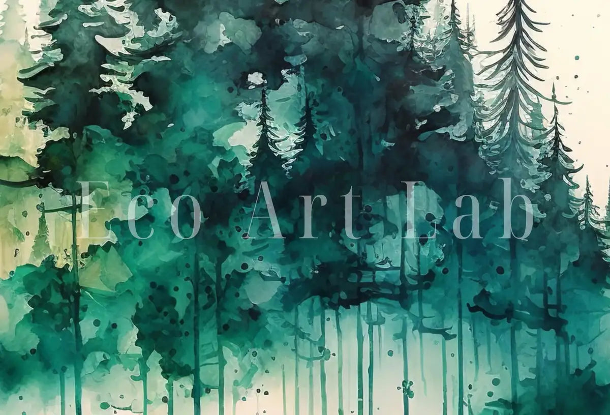 Detail view of artwork from Green Watercolor Forest Trees Painting Print. Printable Wall Art. Digital Art. Nature Decor. Forest Landscape Printable. Mountain Forest Art. (variation 2)