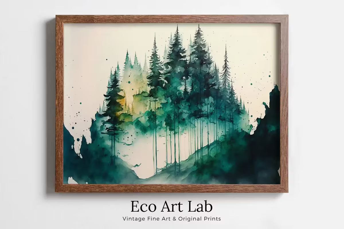 Green Watercolor Forest Trees Painting Print. Printable Wall Art. Digital Art. Nature Decor. Forest Landscape Printable. Mountain Forest Art – Printable Wall Art
