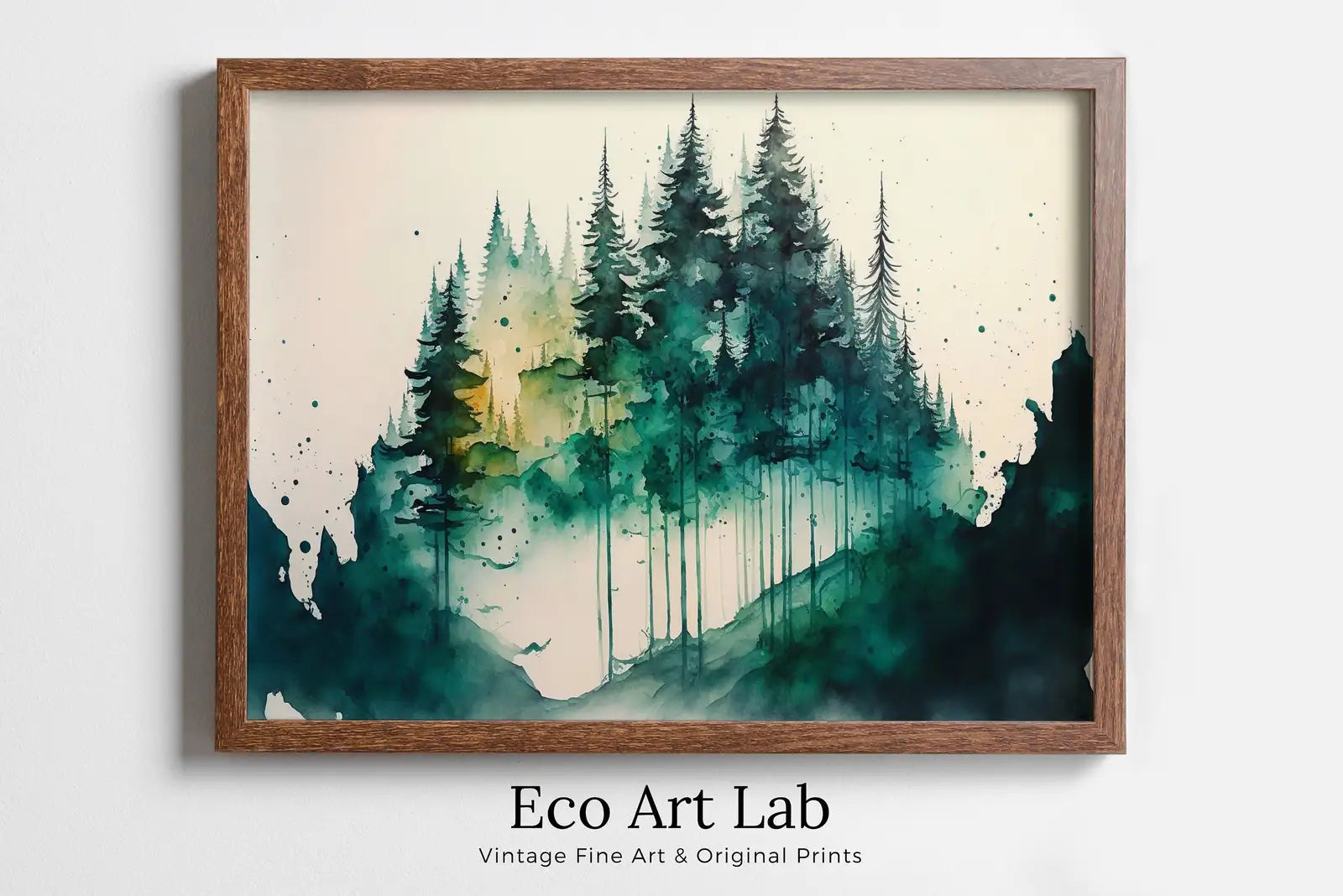 Framed view of Green Watercolor Forest Trees Painting Print. Printable Wall Art. Digital Art. Nature Decor. Forest Landscape Printable. Mountain Forest Art – printable wall art digital download.