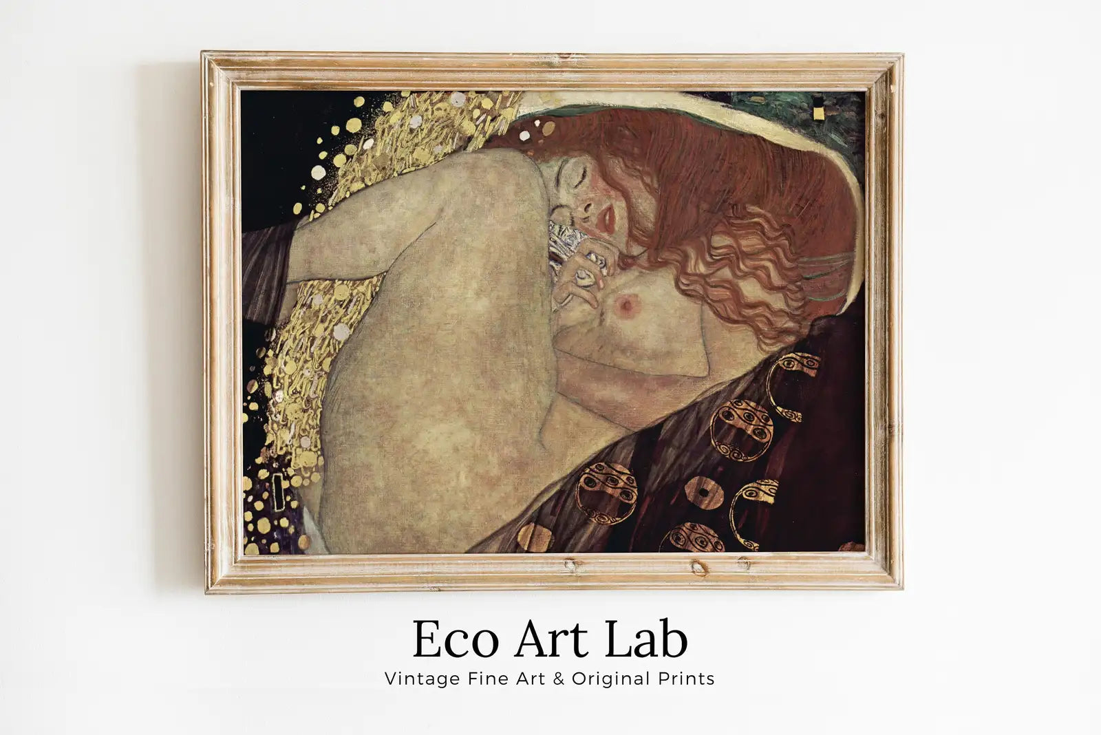 Framed view of Gustav Klimt Danae Ancient Greek Mythology Art Vintage Painting. Downloadable Famous Nude Greek Goddess Vintage Art. Klimt Printable Art – printable wall art digital download.