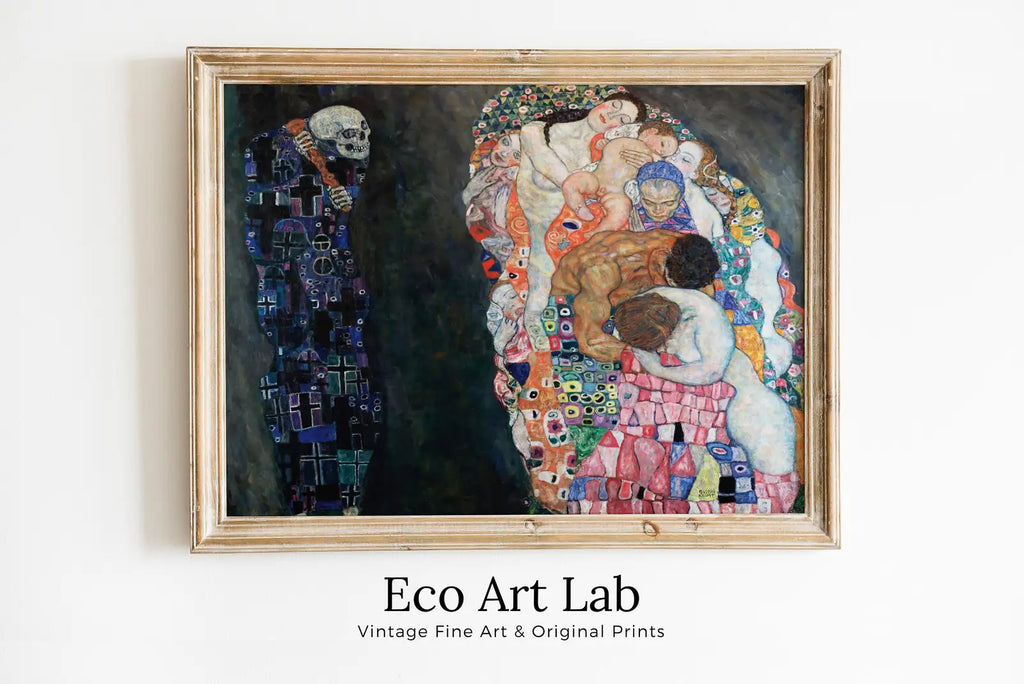 Framed view of Gustav Klimt Death & Life Famous Painting Printable Wall Art. Instant Download Gustav Klimt Print. Vintage Skull Poster. Art Nouveau Print – printable wall art digital download.