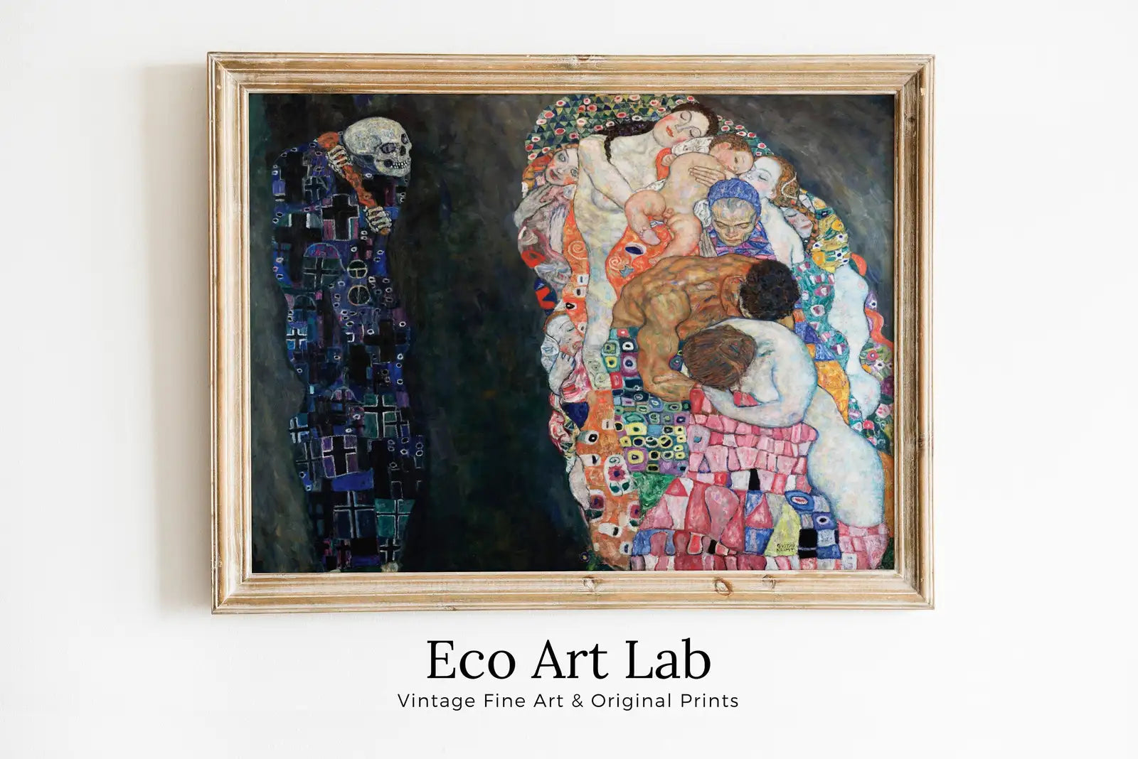 Framed view of Gustav Klimt Death & Life Famous Painting Printable Wall Art. Instant Download Gustav Klimt Print. Vintage Skull Poster. Art Nouveau Print – printable wall art digital download.