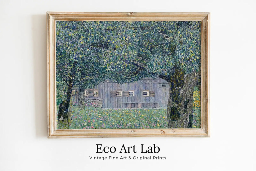 Framed view of Gustav Klimt Farmhouse in Austria Famous Painting Printable Wall Art. Instant Download Gustav Klimt Print. Vintage Floral Art Nouveau Print – printable wall art digital download.