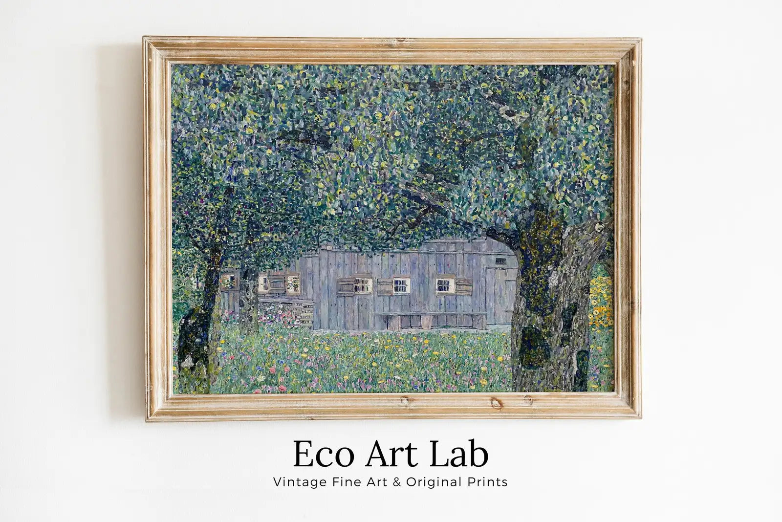 Framed view of Gustav Klimt Farmhouse in Austria Famous Painting Printable Wall Art. Instant Download Gustav Klimt Print. Vintage Floral Art Nouveau Print – printable wall art digital download.
