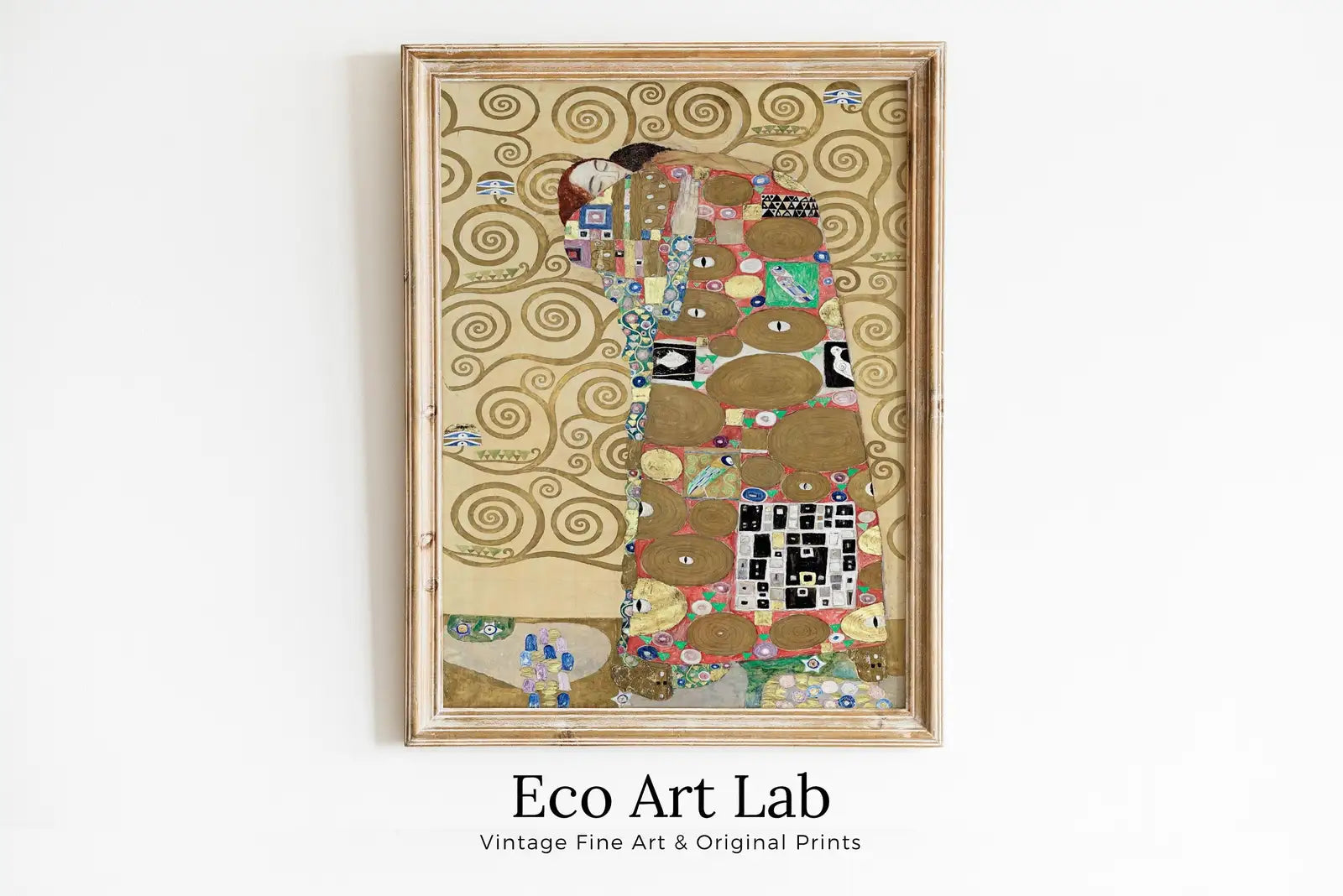 Framed view of Gustav Klimt "Fulfillment" Famous Painting Printable Wall Art. Instant Download Gustav Klimt Print Vintage Romantic Poster Art Nouveau Print – printable wall art digital download.