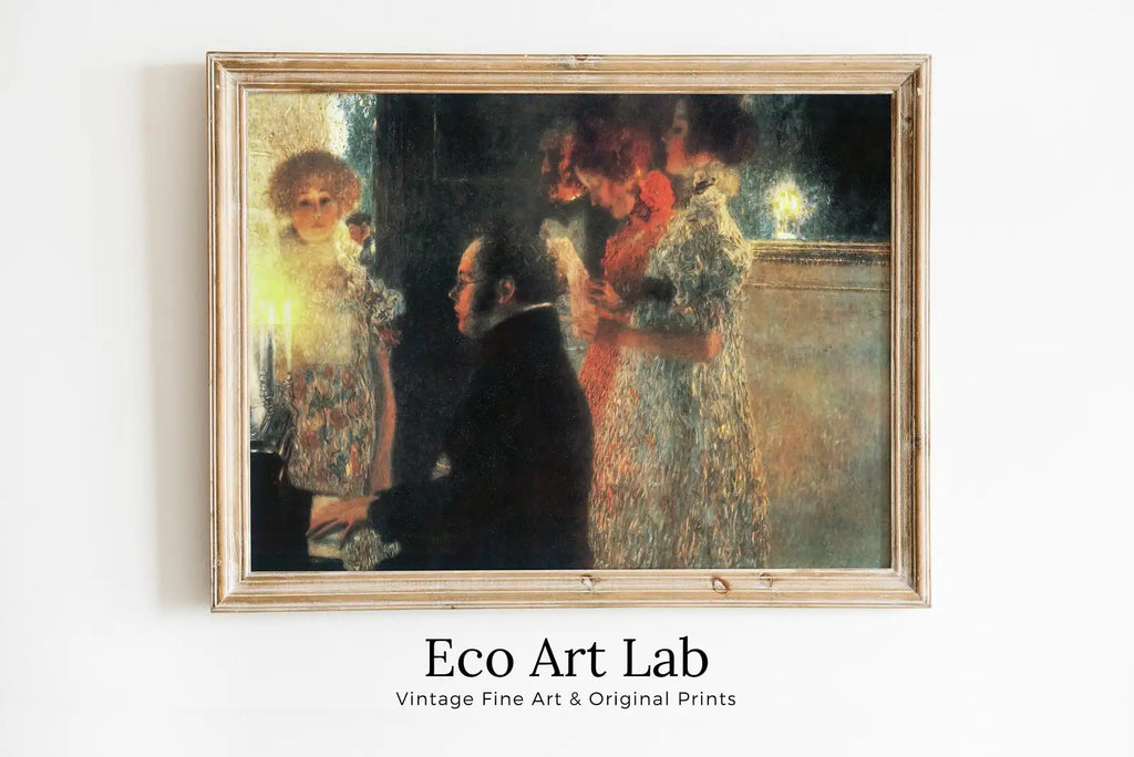 Framed view of Gustav Klimt Schubert at the Piano Famous Vintage Painting. Instant Download Gustav Klimt Print. Music Wall Art. Printable Vintage Piano Art – printable wall art digital download.