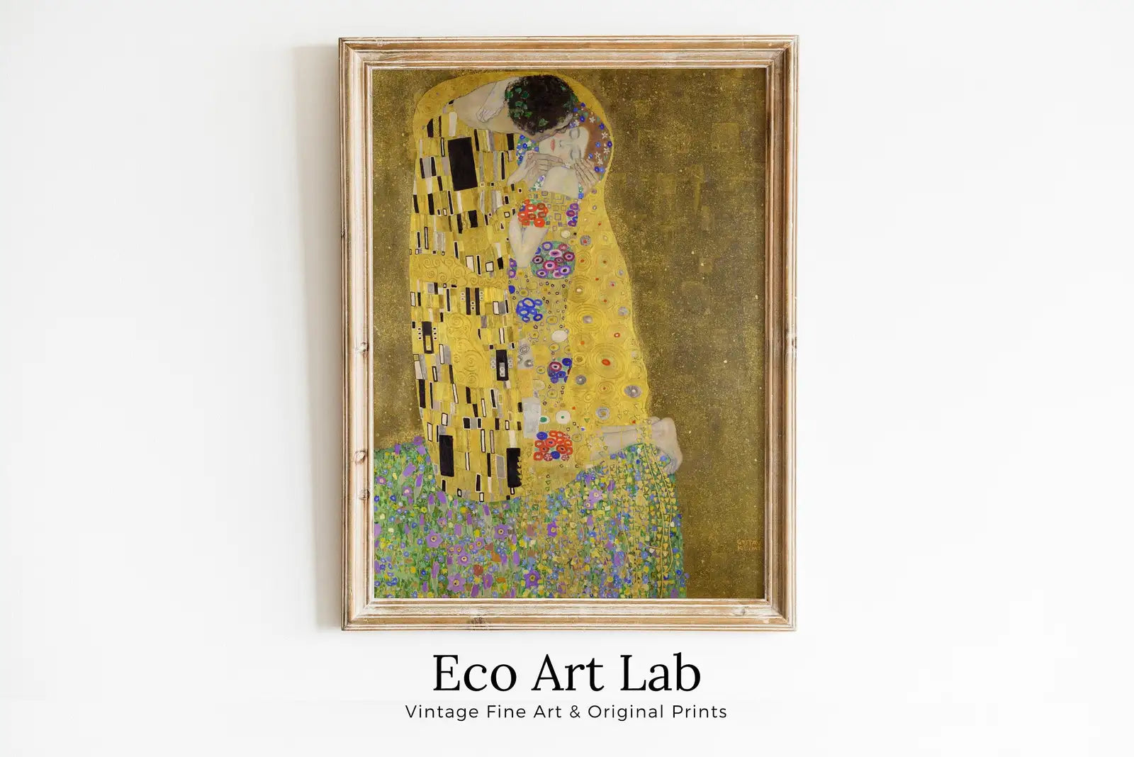 Framed view of Gustav Klimt "The Kiss" Famous Painting Printable Wall Art. Instant Download Gustav Klimt Print. Vintage Romantic Poster. Art Nouveau Print – printable wall art digital download.