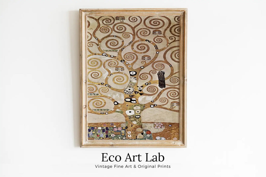 Framed view of Gustav Klimt Tree of Life Famous Painting Printable Wall Art. Instant Download Gustav Klimt Print. Vintage Tree of Life Art Nouveau Print – printable wall art digital download.