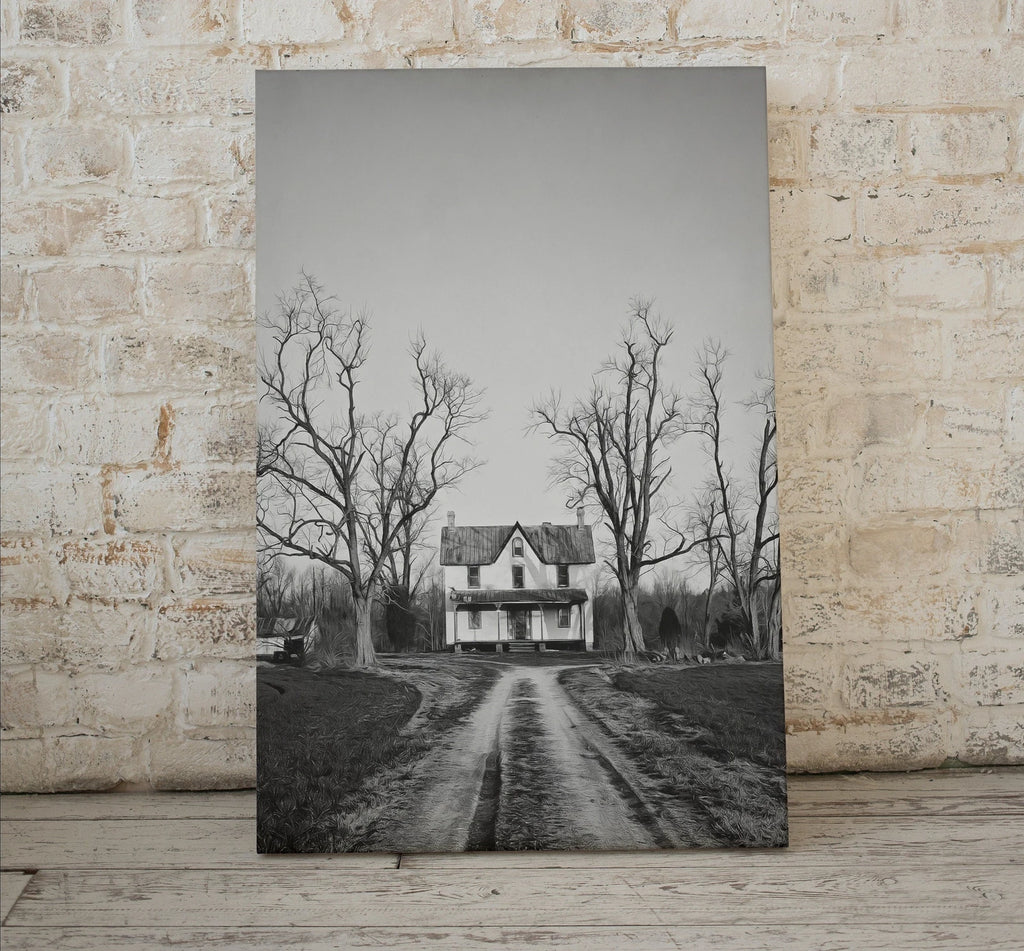 Detail view of artwork from Halloween Abandoned Haunted House Print. Halloween Printable Wall Art. Scary Halloween Painting. Instant Download Art Print. Fall Decor. (variation 1)