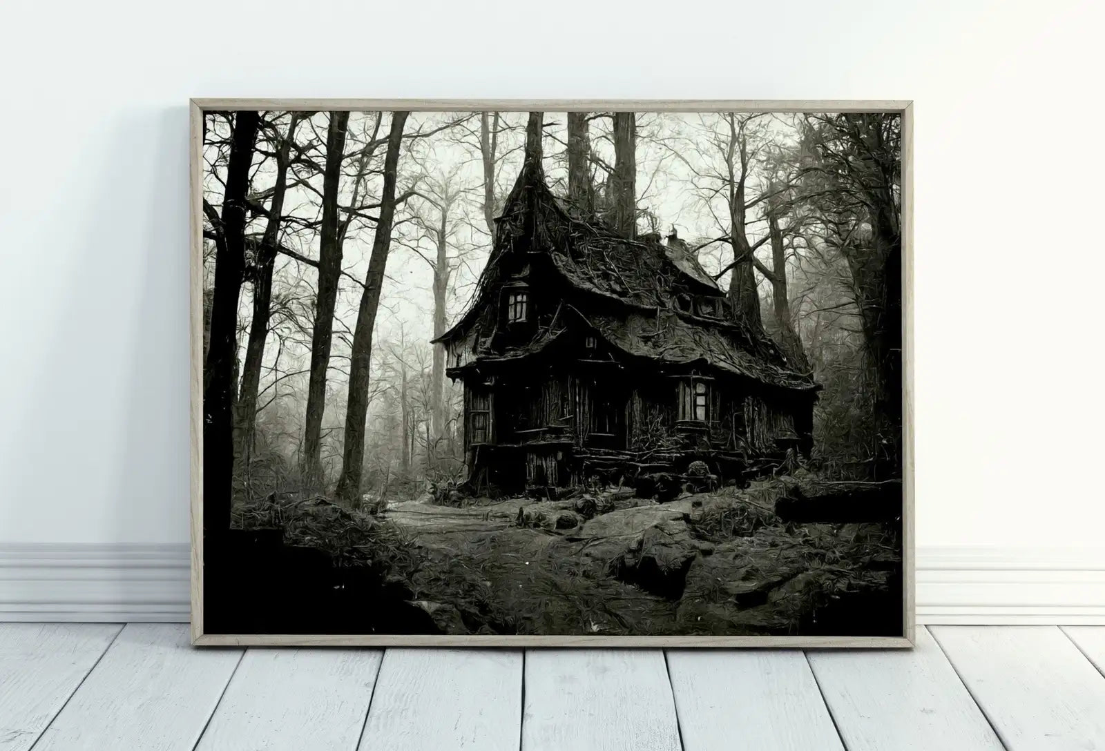 Framed view of Haunted Abandoned House Halloween Print. Halloween Printable Wall Art. Scary Halloween Painting. Instant Download Art Print. Fall Decor – printable wall art digital download.