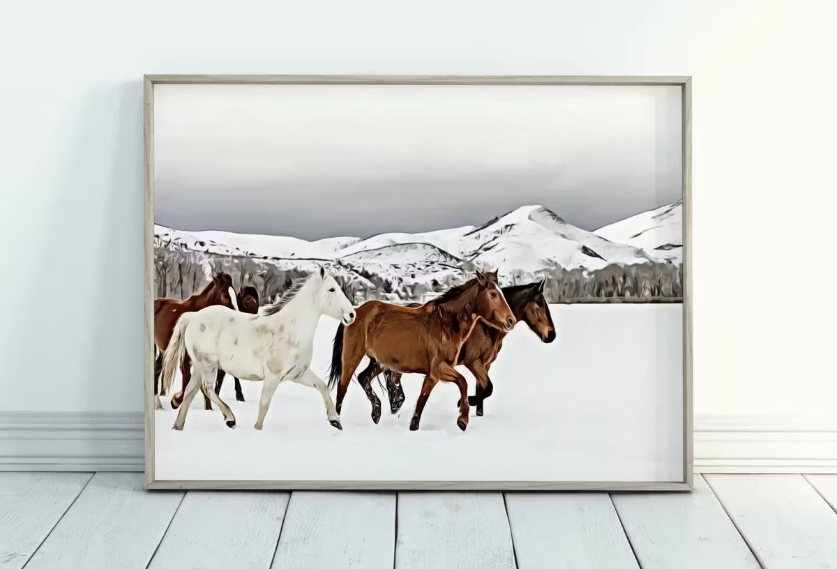 Herd of Horses in Snow Digital Art Print. Horse Painting Animal Wall Art. Horse Poster Wall Decor, Horse Printable, Horse Photography – Printable Wall Art
