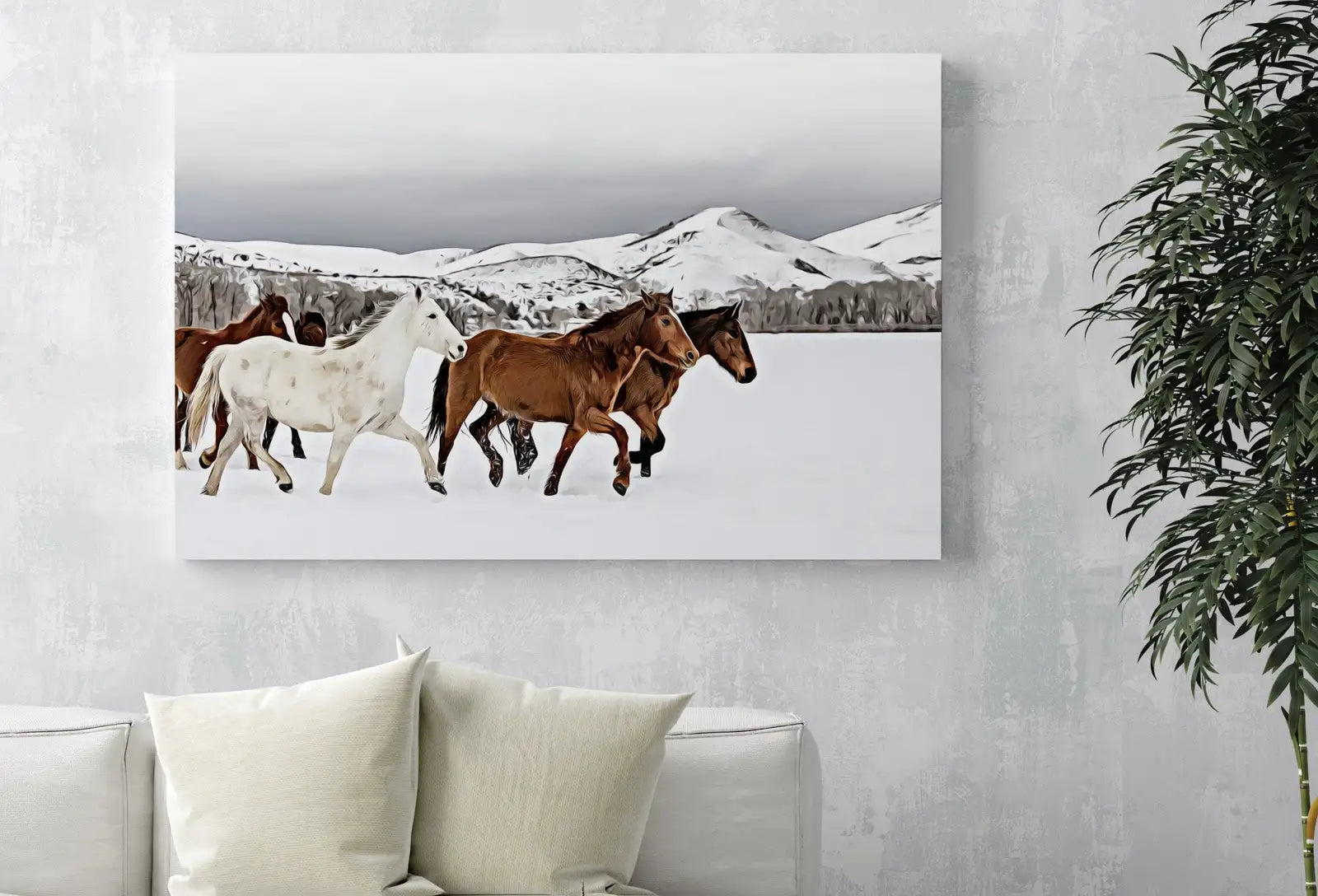 Detail view of artwork from Herd of Horses in Snow Digital Art Print. Horse Painting Animal Wall Art. Horse Poster Wall Decor, Horse Printable, Horse Photography. (variation 1)