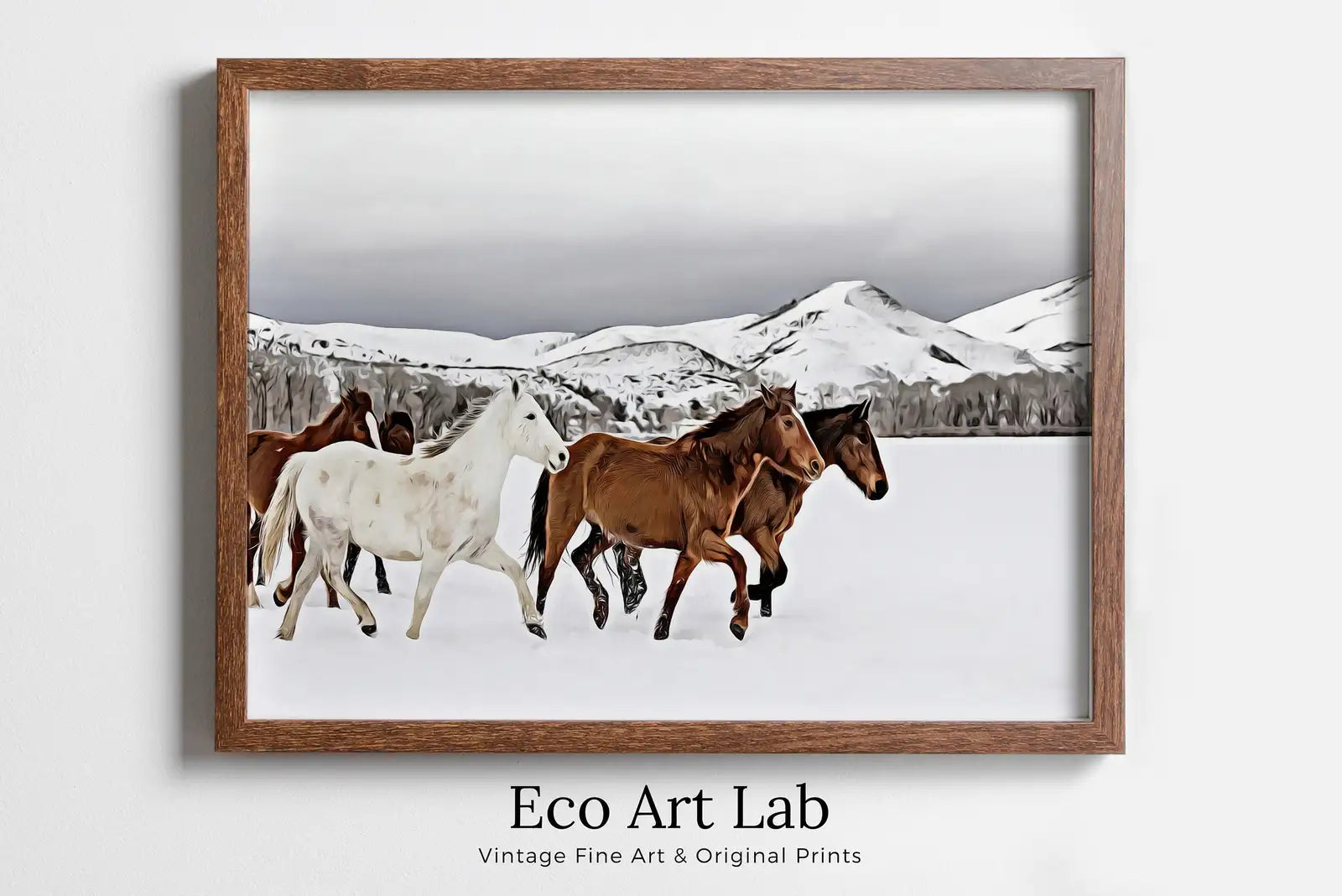 Framed view of Herd of Horses in Snow Digital Art Print. Horse Painting Animal Wall Art. Horse Poster Wall Decor, Horse Printable, Horse Photography – printable wall art digital download.