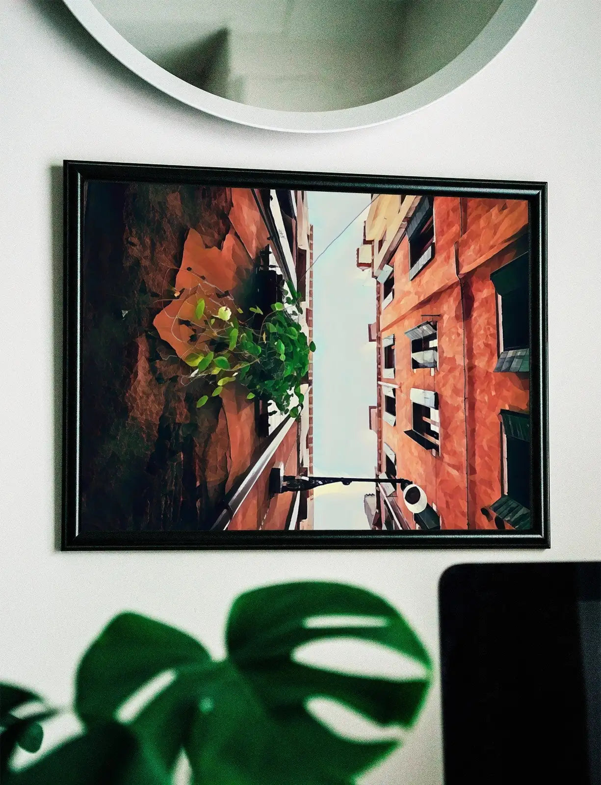 Detail view of artwork from Houses in Venice Printable Wall Art. Instant Download Venice Neighborhood Architecture Print. Apartment Alleyway Digital Painting.. (variation 1)