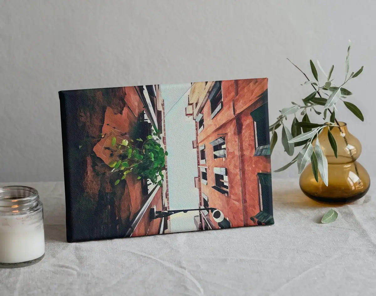 Detail view of artwork from Houses in Venice Printable Wall Art. Instant Download Venice Neighborhood Architecture Print. Apartment Alleyway Digital Painting.. (variation 2)