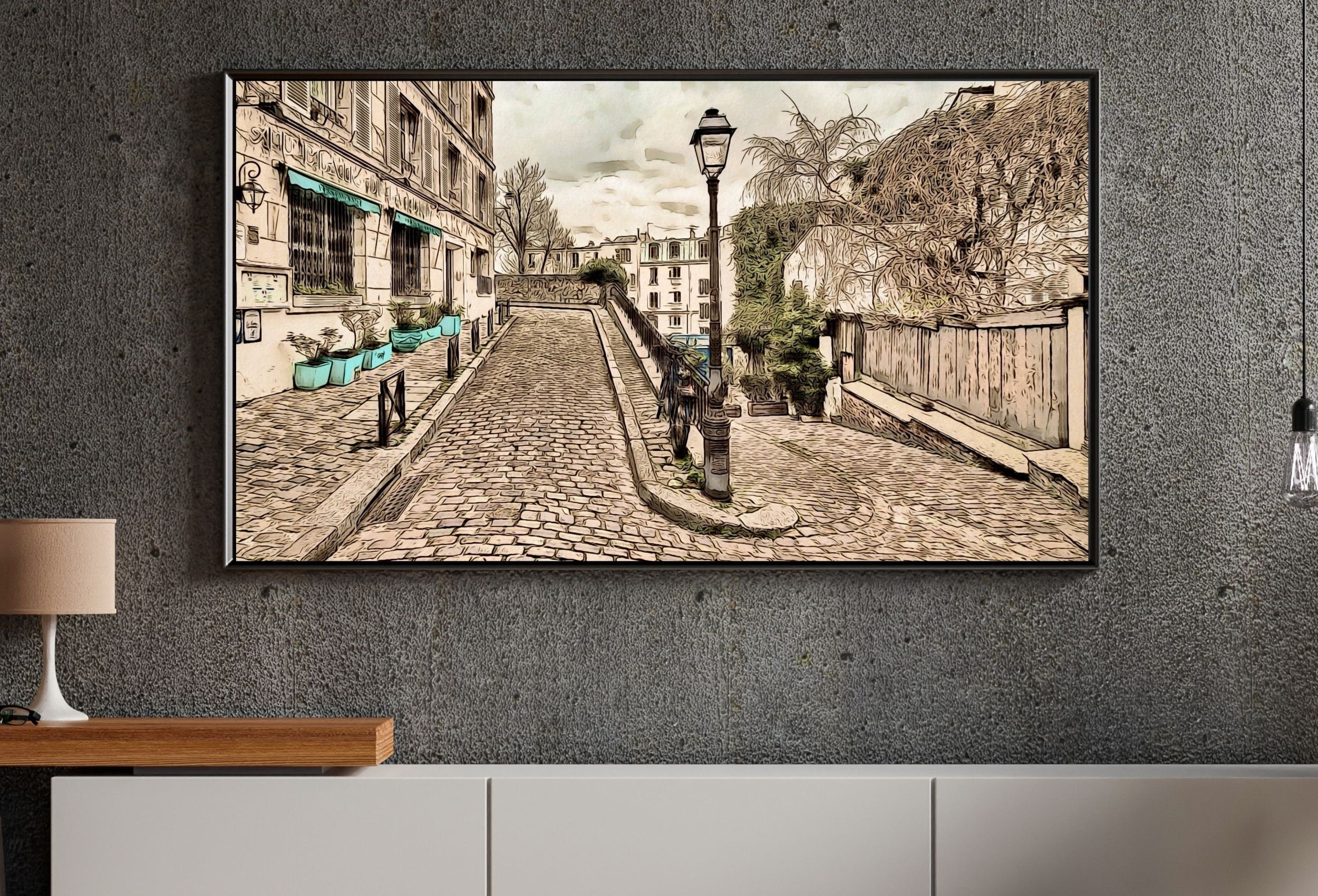 Montmartre Paris City Street View Urban Landscape Painting, Frame TV Art Digital Download, Art for Tv, Colorful Art for Frame TV
