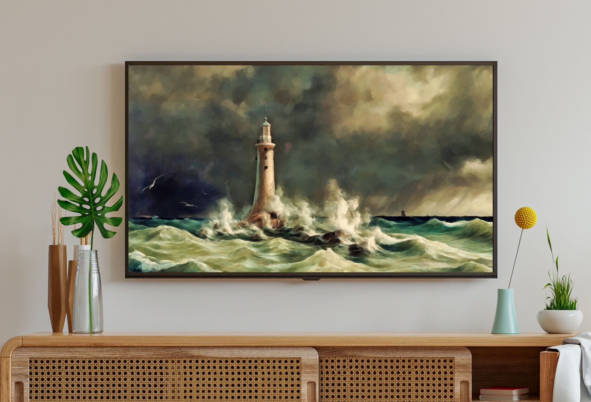 Lighthouse in a Storm at Sea, Frame TV Art, Digital Download, Digital Art for TV, Coastal Wall Art, Ocean Artwork for The Frame TV