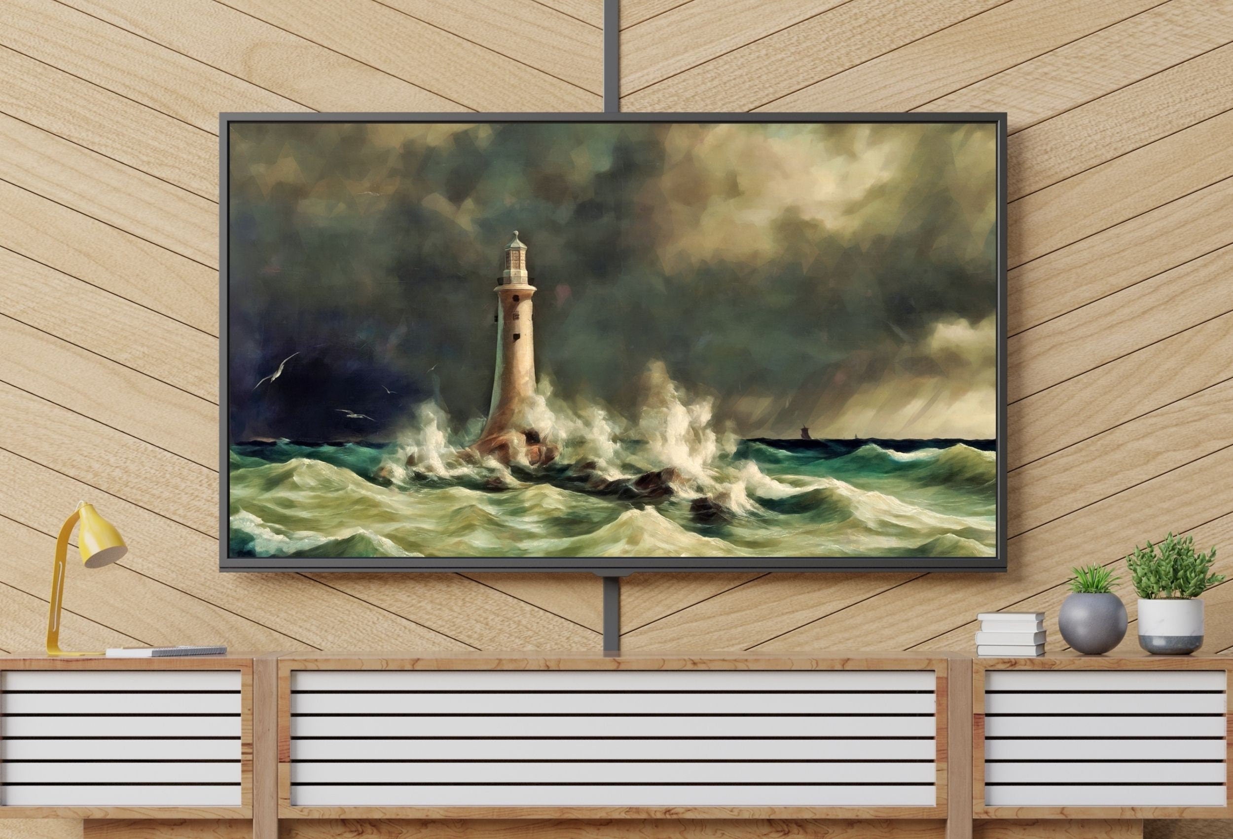 Lighthouse in a Storm at Sea, Frame TV Art, Digital Download, Digital Art for TV, Coastal Wall Art, Ocean Artwork for The Frame TV