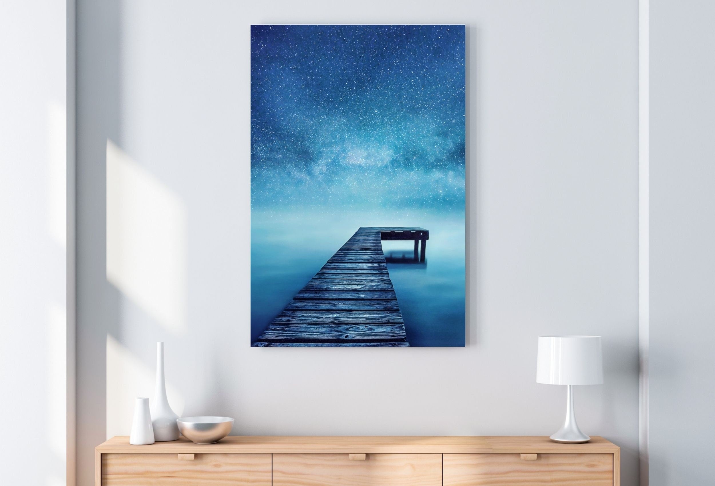 Wooden Pier at Night Printable Wall Art, Wooden Pier Print, Pier on Lake Print, Starry Night Sky Lake Landscape Wall Decor, Wood Jetty