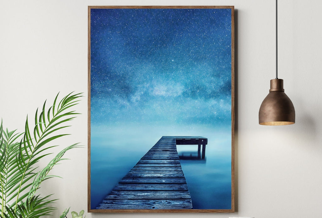 Wooden Pier at Night Printable Wall Art, Wooden Pier Print, Pier on Lake Print, Starry Night Sky Lake Landscape Wall Decor, Wood Jetty