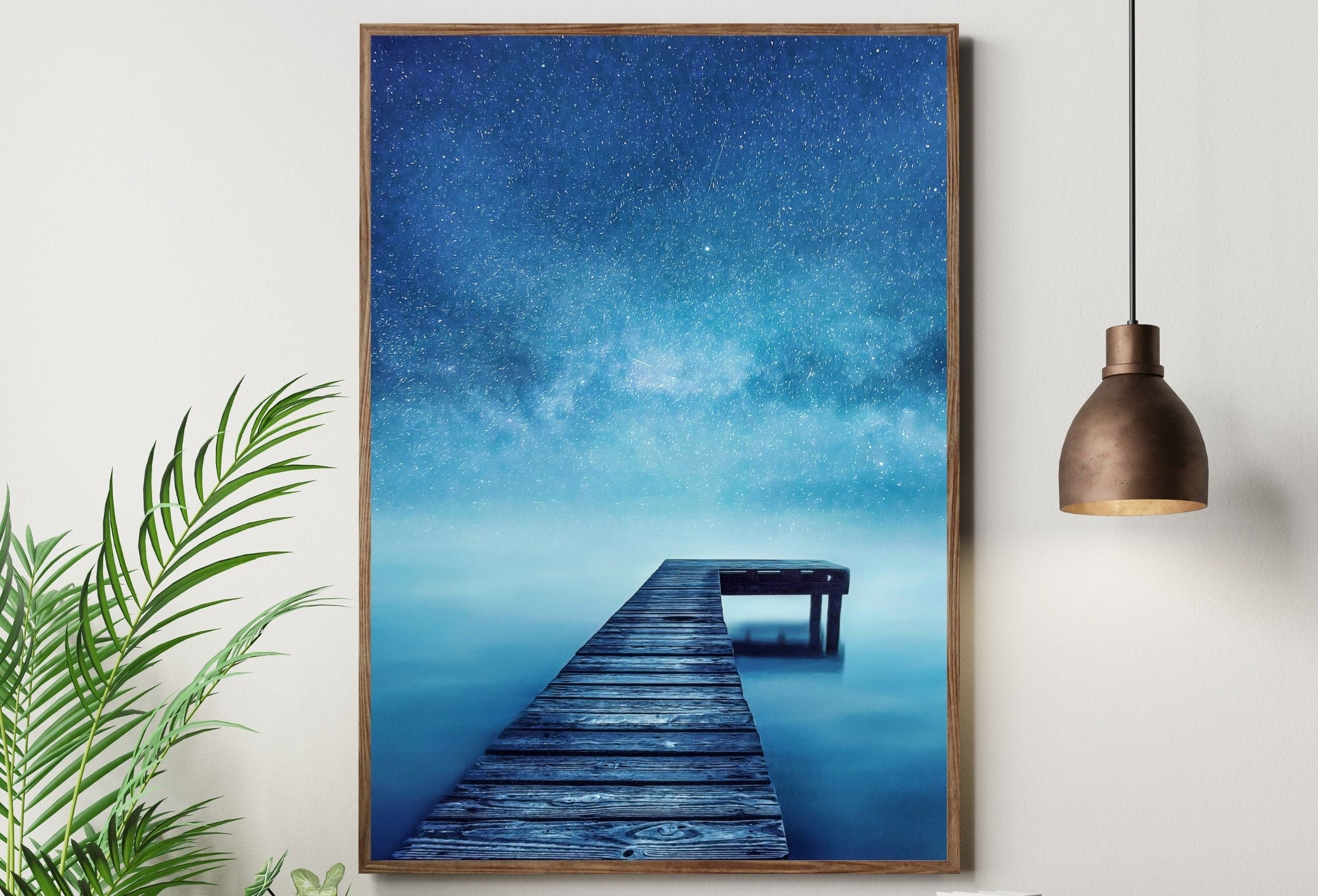 Wooden Pier at Night Printable Wall Art, Wooden Pier Print, Pier on Lake Print, Starry Night Sky Lake Landscape Wall Decor, Wood Jetty