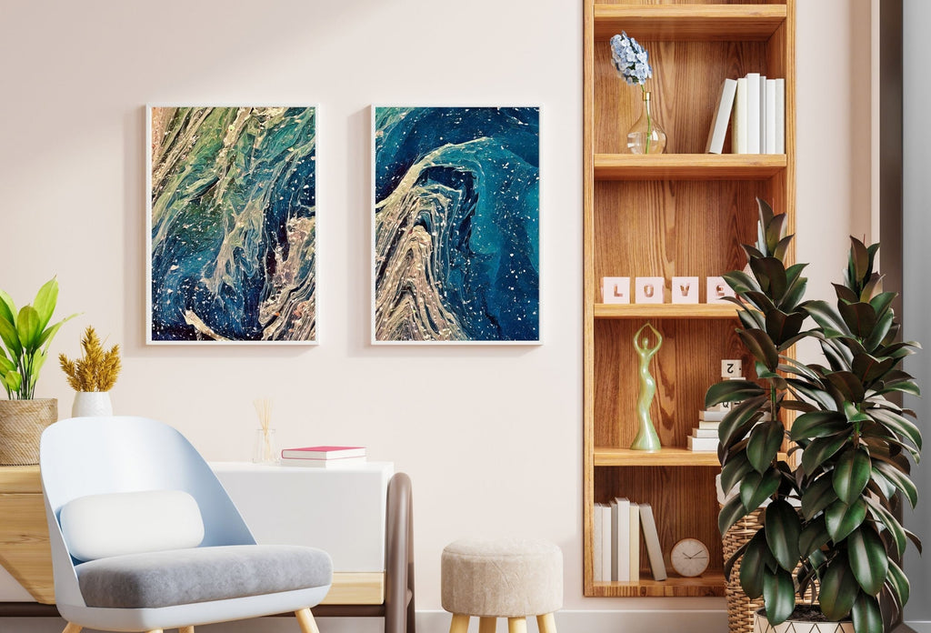 Abstract Wall Art Set of 2 Prints. Fluid Art Painting. Downloadable Prints. Abstract Art Print, Digital Download Blue and Gold Art
