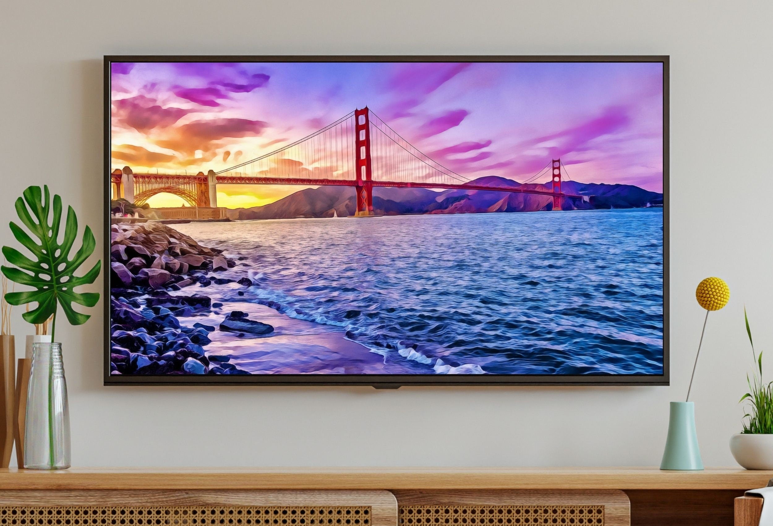 Golden Gate Bridge Frame TV Art, San Francisco Colorful Painting, Digital Download, Art for Tv, Colorful Frame TV Art Golden Gate Bridge